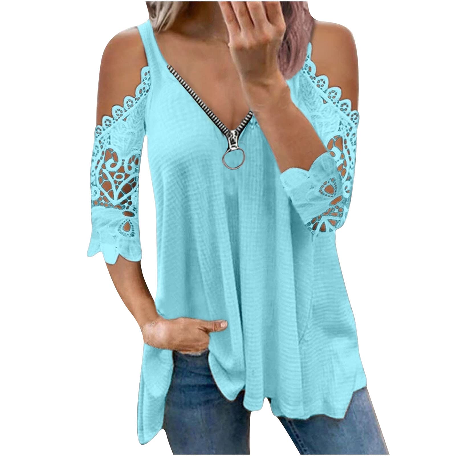 WANGXIYAN Women's Summer Off Shoulder Tops - Sexy V-Neck Zip Tunic T-Shirt, Casual Loose Short Sleeve Blouse | Perfect for Beach, Vacation & Summer Outings