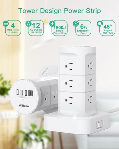 12-Outlet Surge Protector Power Strip with 4 USB Ports (1 USB C) & 6ft Cord - Multi Plug Tower for Home Office, Gaming Setup & Electronics Protection