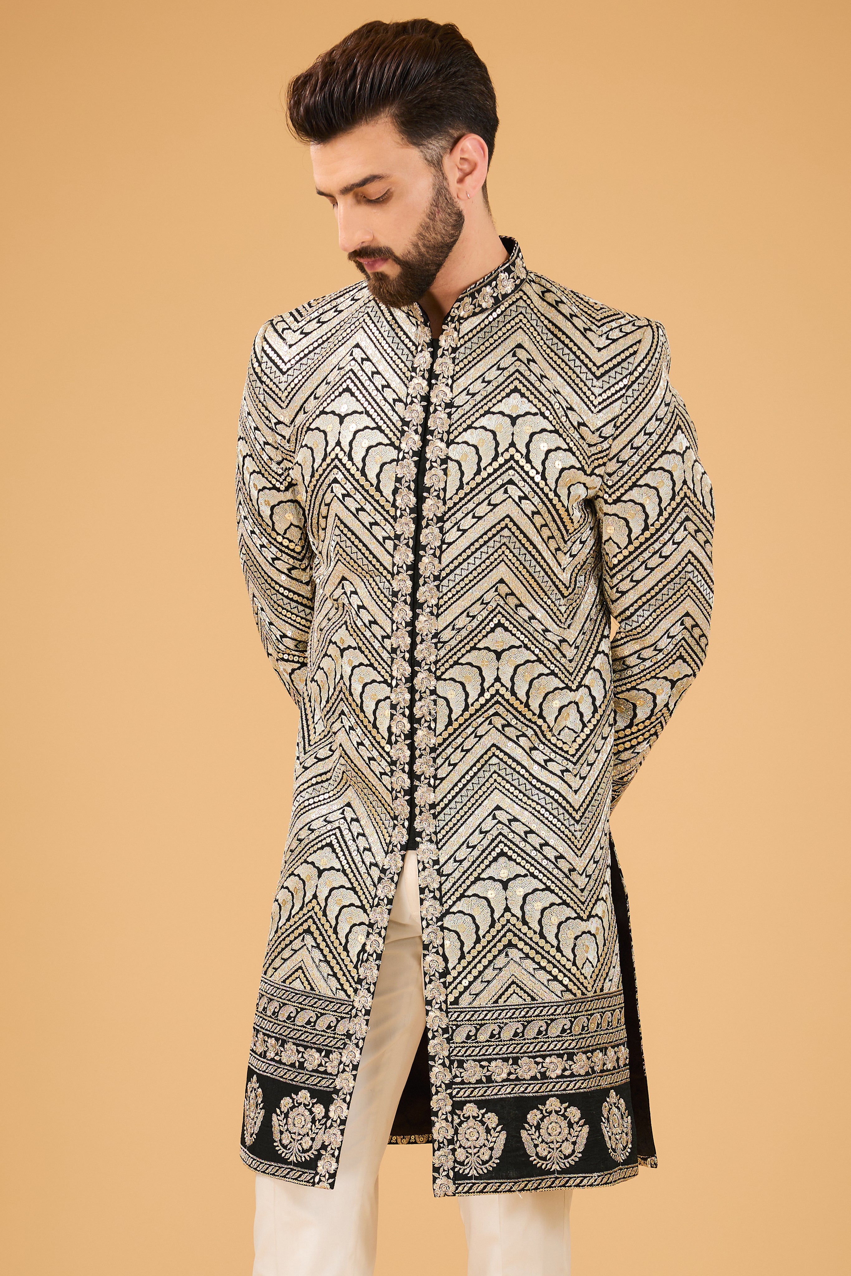 Exclusive Black Embroidered Sherwani with Intricate Zari Work - Perfect for Weddings, Festivals & Special Occasions