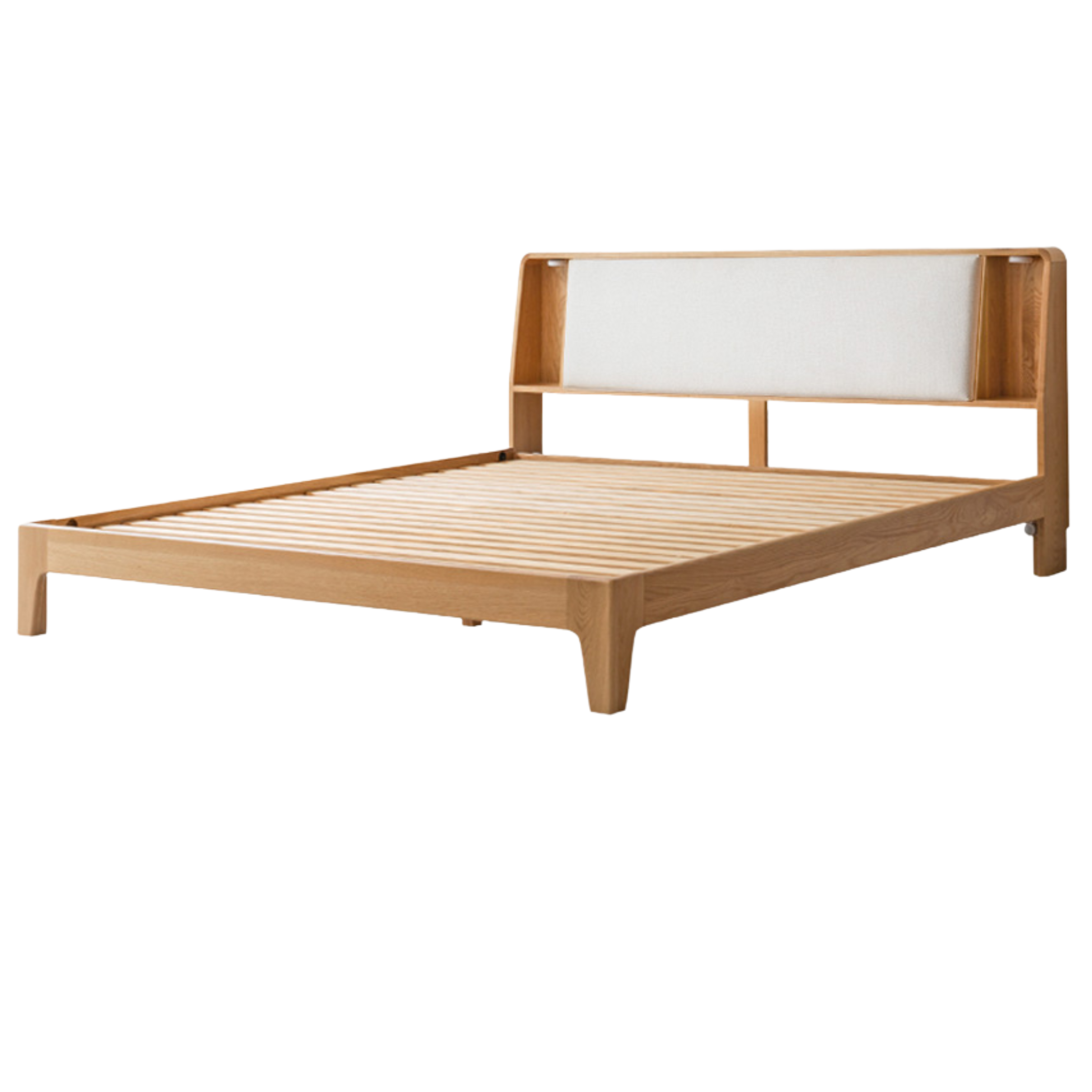 Solid Oak Wood Leather & Fabric Luminous Bed with Shelf - Modern Platform Bed Frame with Storage for Bedroom, Guest Room, or Dorm