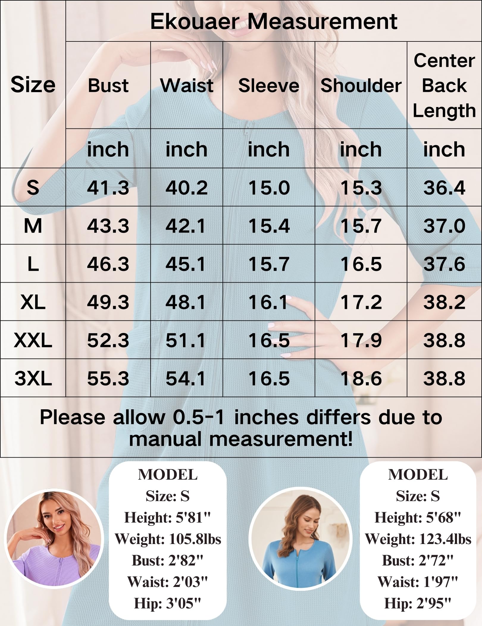 Ekouaer Women's Lightweight Waffle Zip Up Bathrobe - Knee Length Short Housecoat with Pockets, Nightgown for Spa, Lounge & Home Wear (Sizes S-3XL) | Perfect for Relaxing, Bathing & Morning Coffee