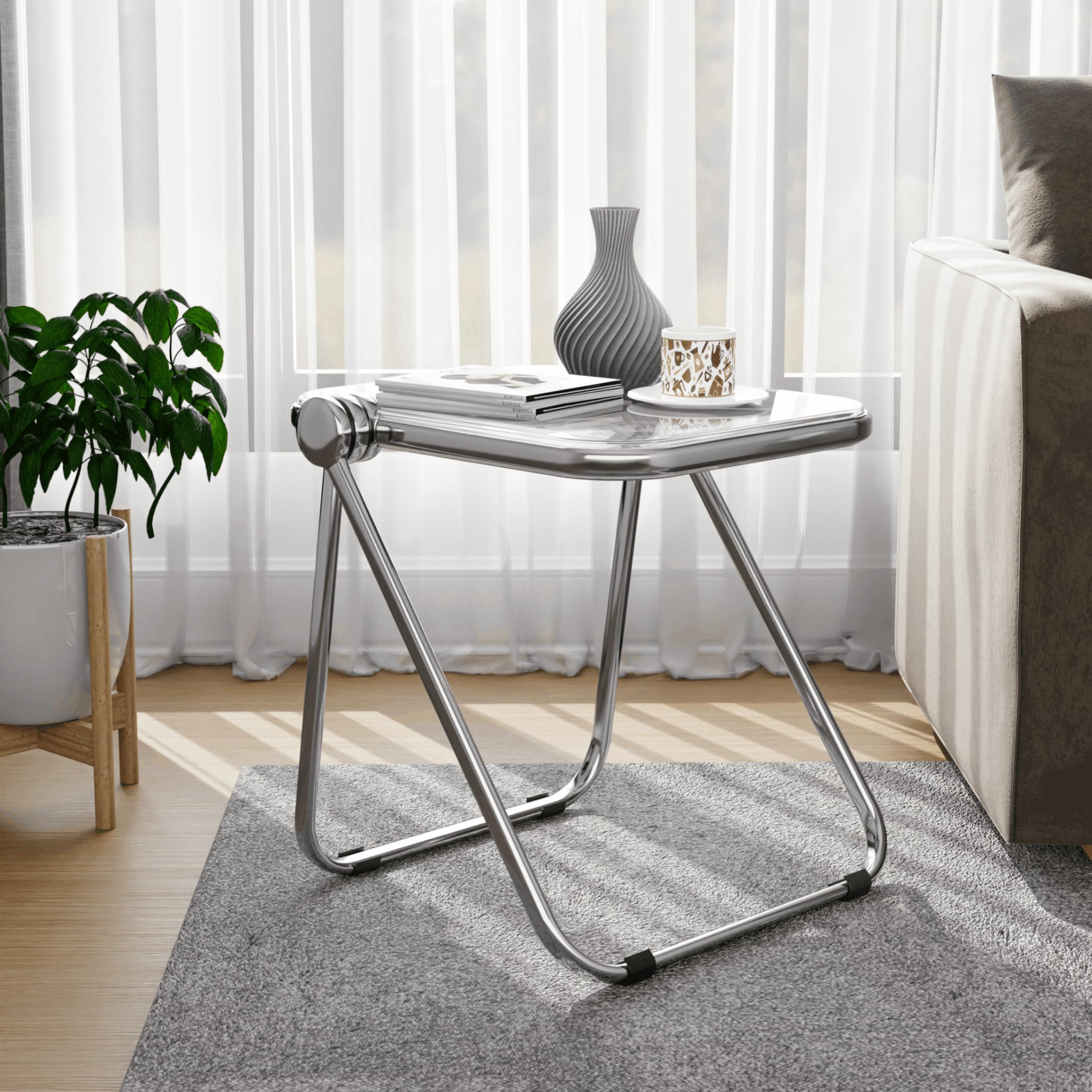 LeisureMod Lawrence Mid-Century Modern Rectangular Folding Side Table - Chrome Finish with Durable Plastic Tabletop & Sturdy Aluminum Frame - Perfect for Living Room, Bedroom, Office or Patio - Space-Saving & Stylish Home Decor