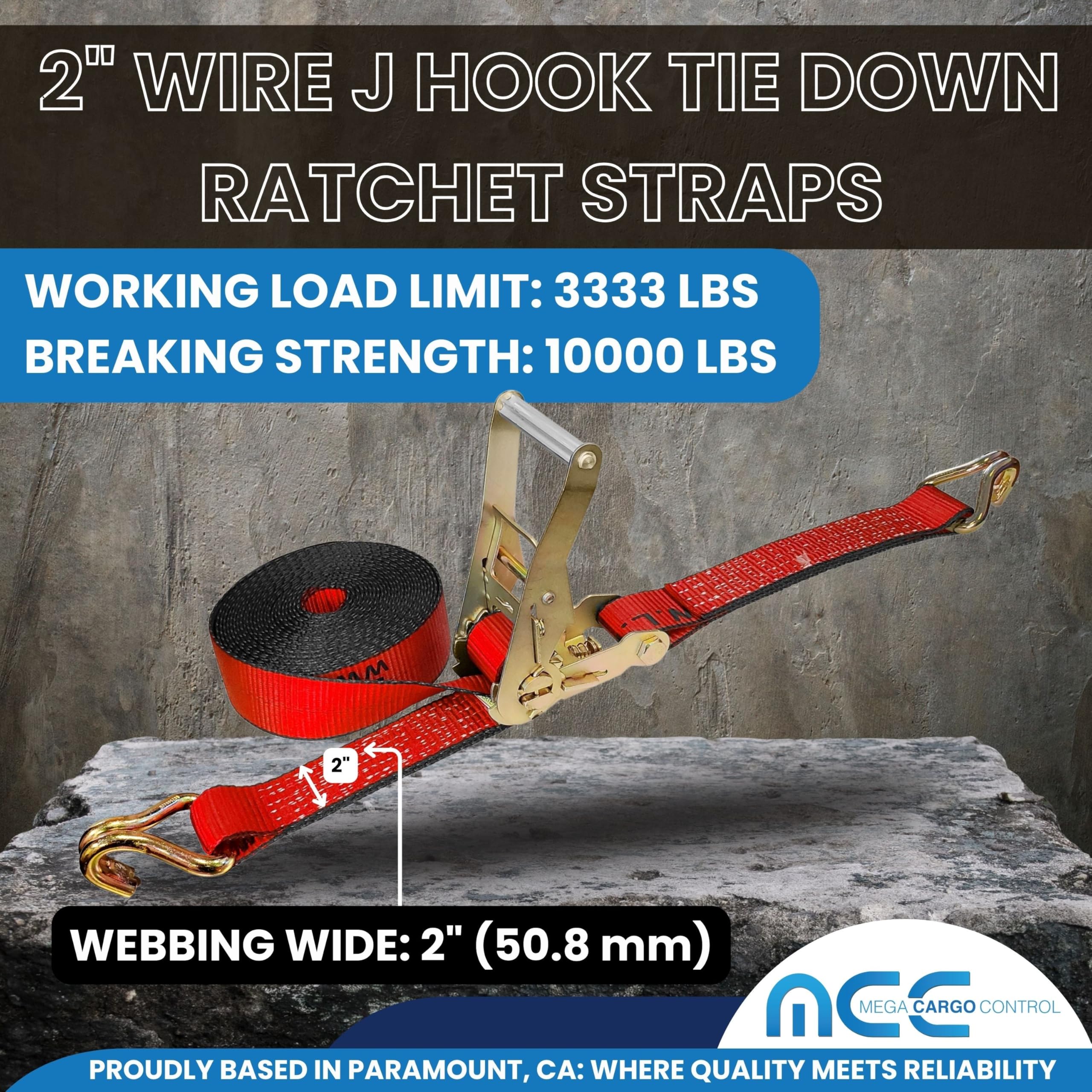 Heavy Duty J Hook Ratchet Straps (2-Pack) - 2 Inch x 60 Foot, 10,000 lbs Break Strength - Red Tie Down Straps for Flatbed Trailers, Trucks & Cargo Securing - Ideal for Transporting ATVs, Motorcycles & Heavy Equipment