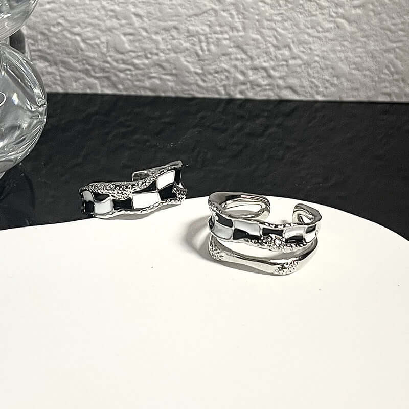 Black & White Checkerboard Layered Silver Ring for Women | JZ2517 | Elegant Stackable Jewelry for Everyday Wear & Special Occasions