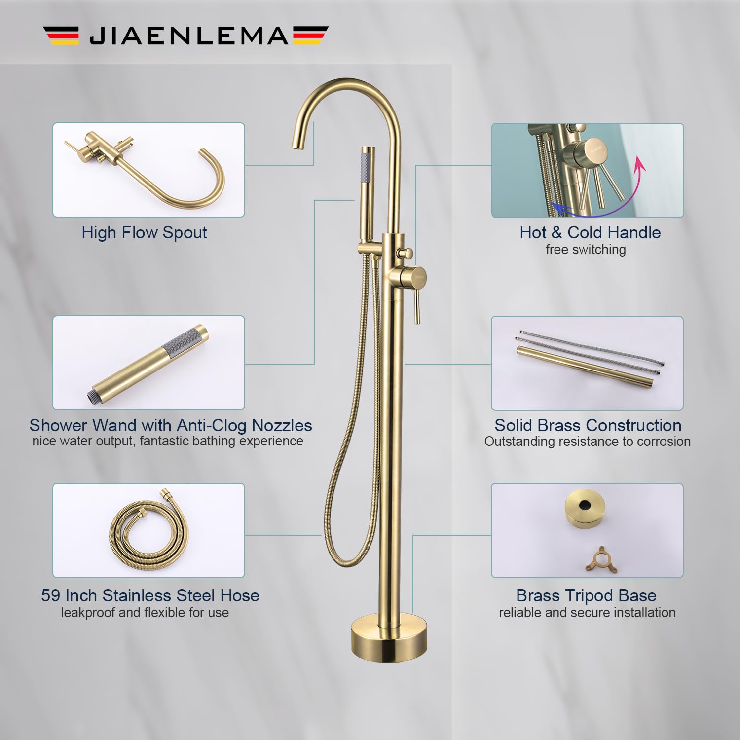 Freestanding Bathtub Faucet Brushed Gold - High Flow Brass Tub Filler with Hand Shower & Sprayer, Single Handle Floor Mount Faucet with Diverter for Luxury Bathroom & Spa Experience - JIAENLEMA