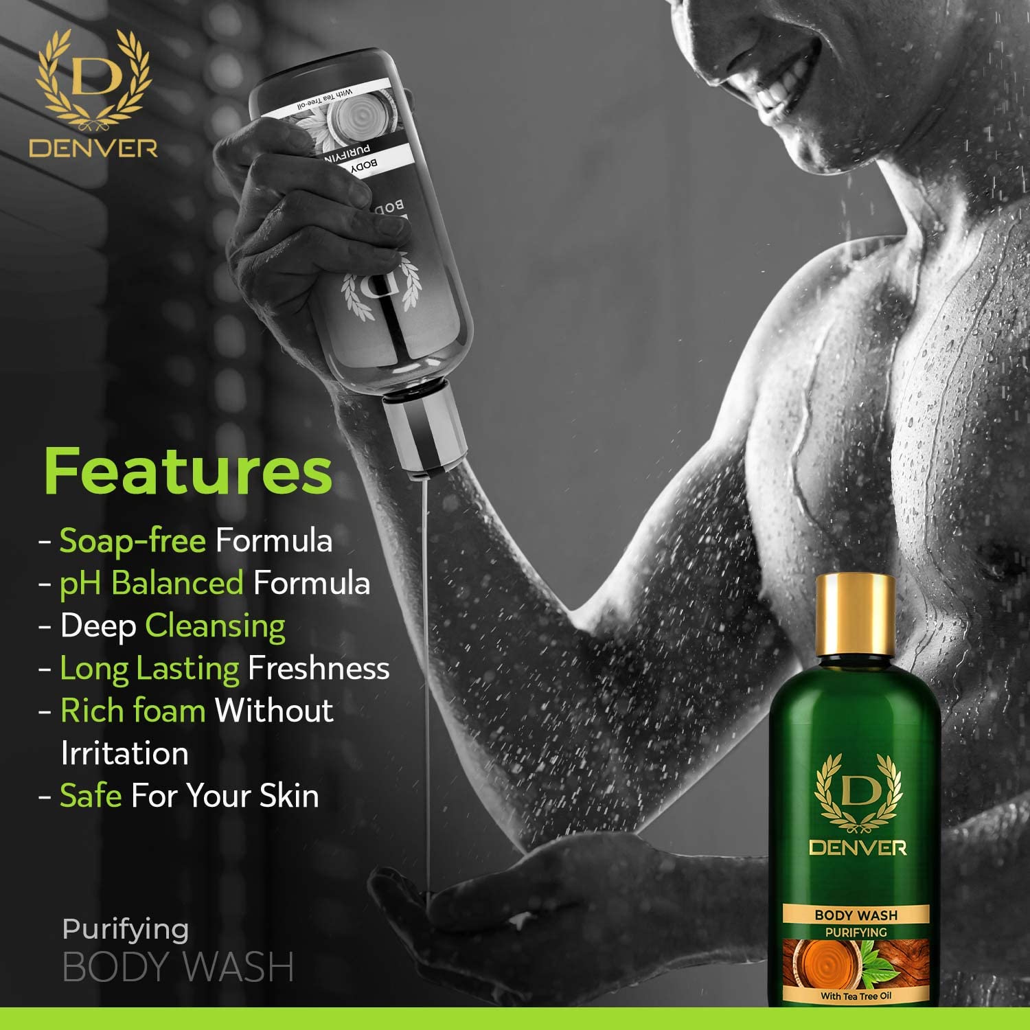 DENVER Purifying Body Wash with Tea Tree Oil - 325ML | Soap-Free Formula for Deep Cleansing | Men's Shower Gel for Acne-Prone & Oily Skin | Refreshing Bath Essential for Gym & Post-Workout Use