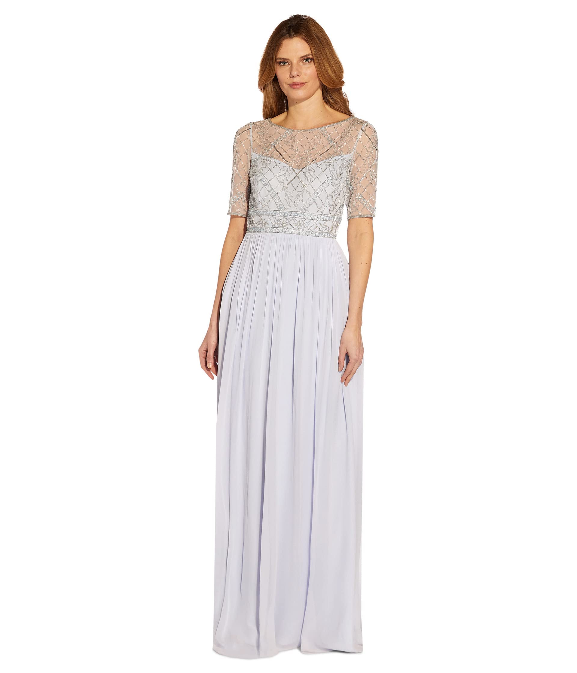 Adrianna Papell Elegant Beaded Mesh & Chiffon Long Evening Gown for Prom, Wedding & Formal Events | Plus Size Options Available