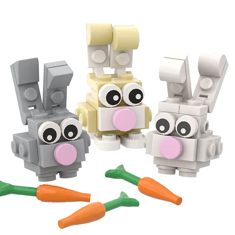LEGO Brick Bunny White, Tan & Grey - Easter Bunny Building Kit with Carrots [MiniMOC] - Perfect for Easter Decorations, Gift Giving & Creative Play