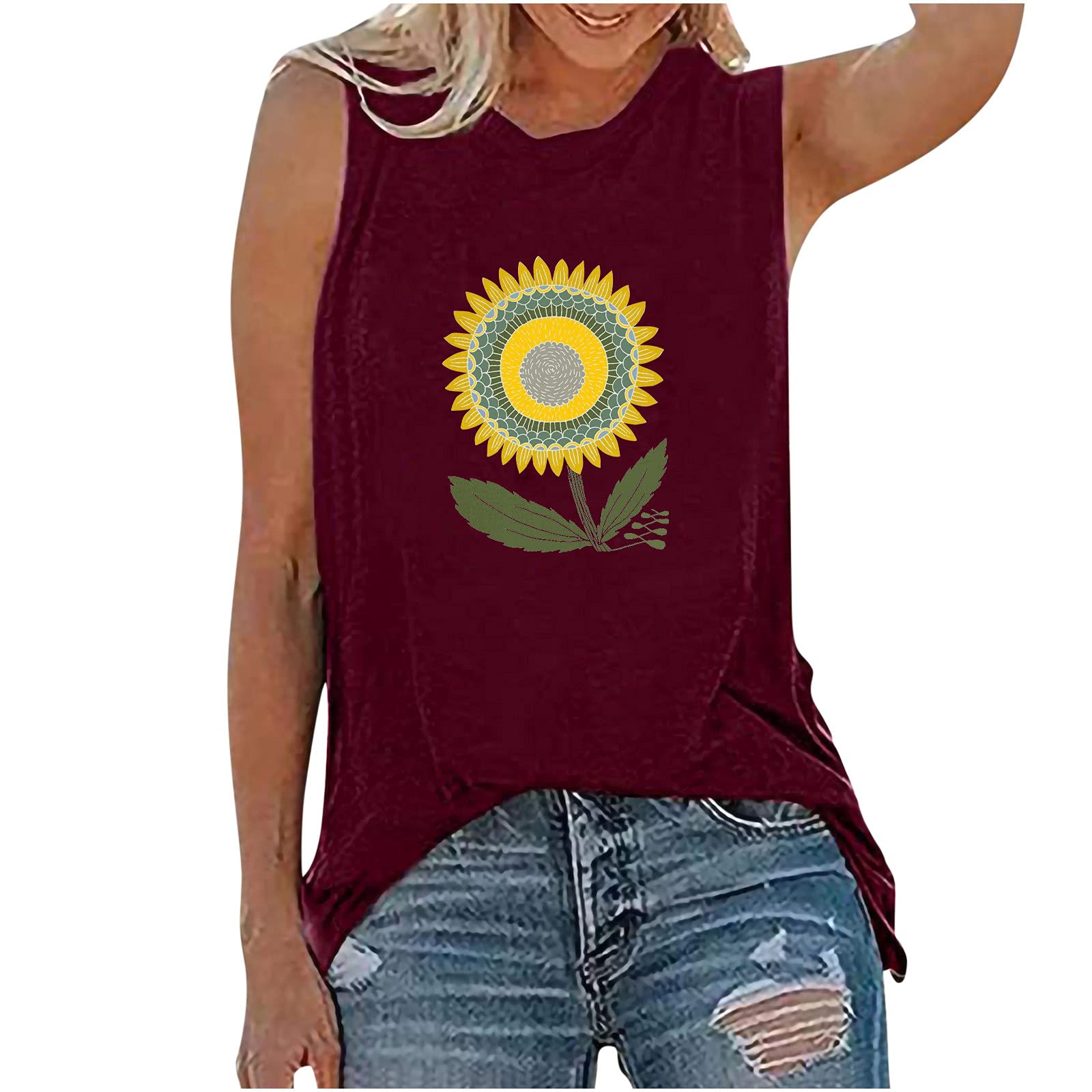 Sunflower Print Plus Size Women's Tank Tops - Loose Fitting Casual Summer Tops for Women | Perfect for Beach Outings, Picnics & Summer Vacations