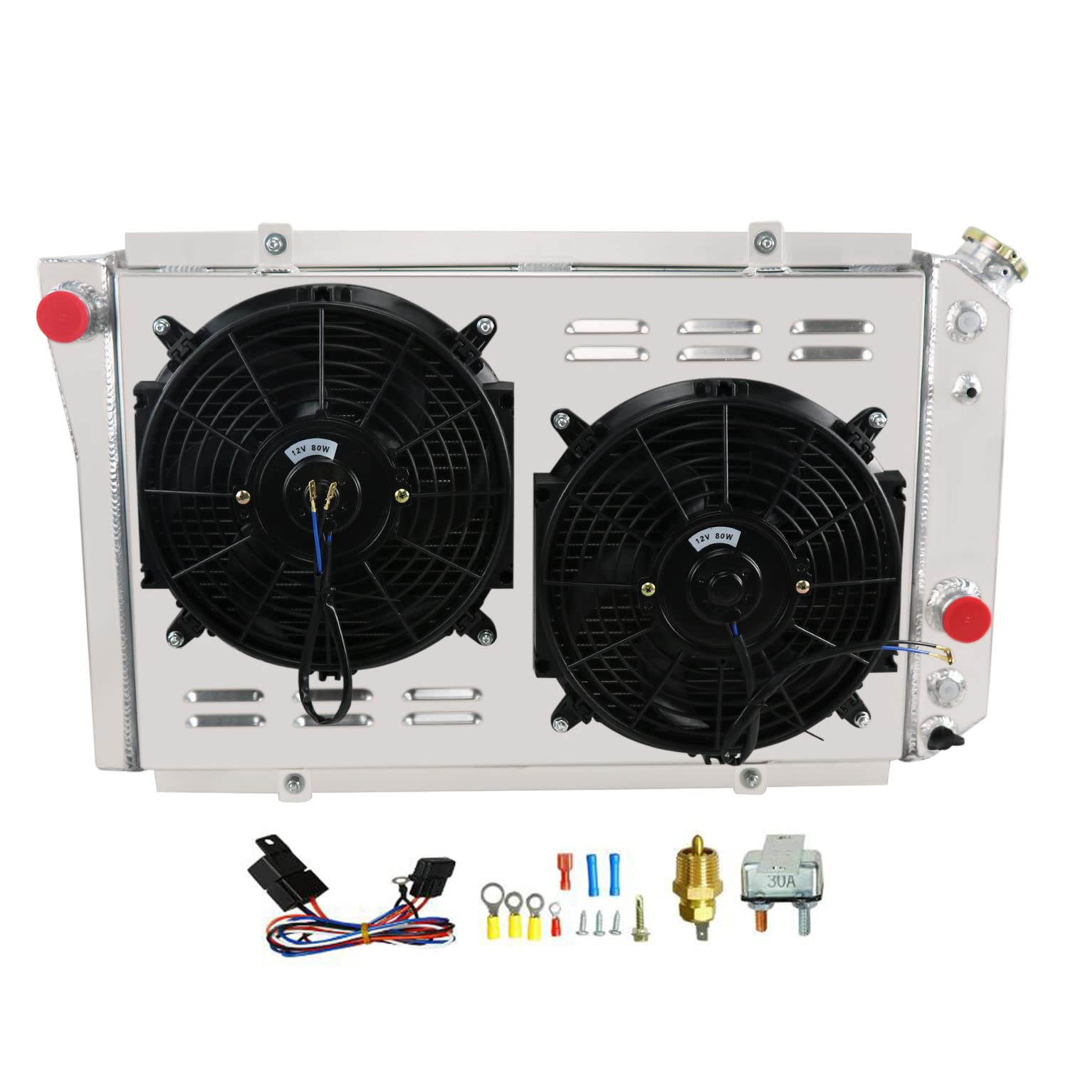 High-Performance 3-Row Aluminum Radiator for 1982-2002 Chevy S10 Blazer Corvette 5.7L V8 - Includes Cooling Fan, Shroud & Relay Kit - Perfect for Off-Roading, Towing & Hot Weather Driving