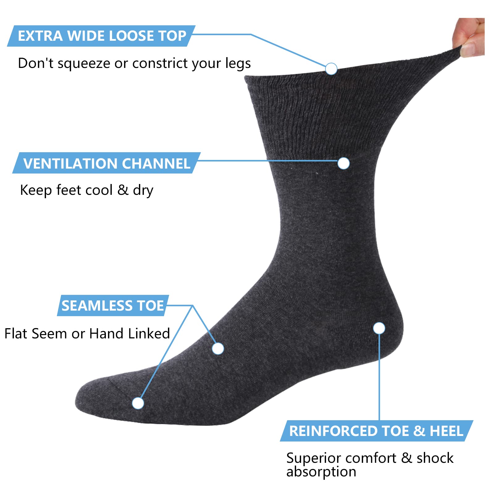 Forcool Non-Binding Diabetic Socks for Men & Women - Breathable Cotton Crew Socks for Circulation, M/L/XL, 3/6 Pairs - Ideal for Diabetes, Swelling & All-Day Comfort at Work or Home