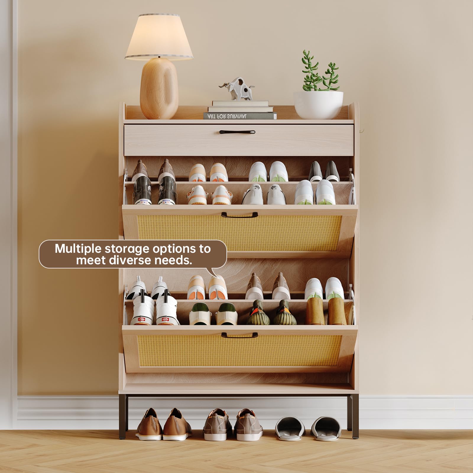 Slim Rattan Shoe Cabinet with 3 Drawers - Freestanding Entryway Organizer for Hallway & Bedroom