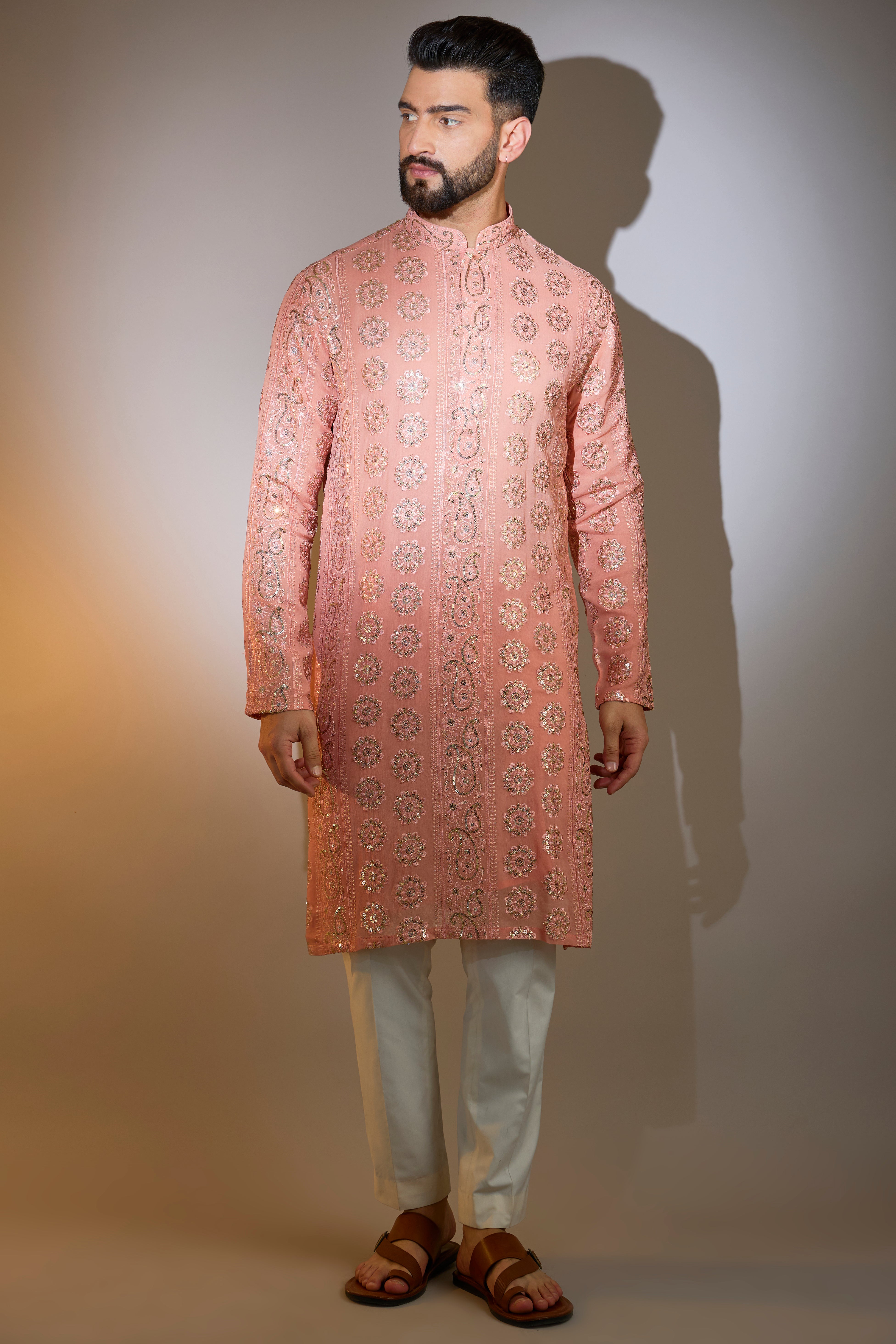 Stylish Peach Chikankari Kurta with Sequin Embroidery - Perfect for Festivals, Weddings & Ethnic Occasions