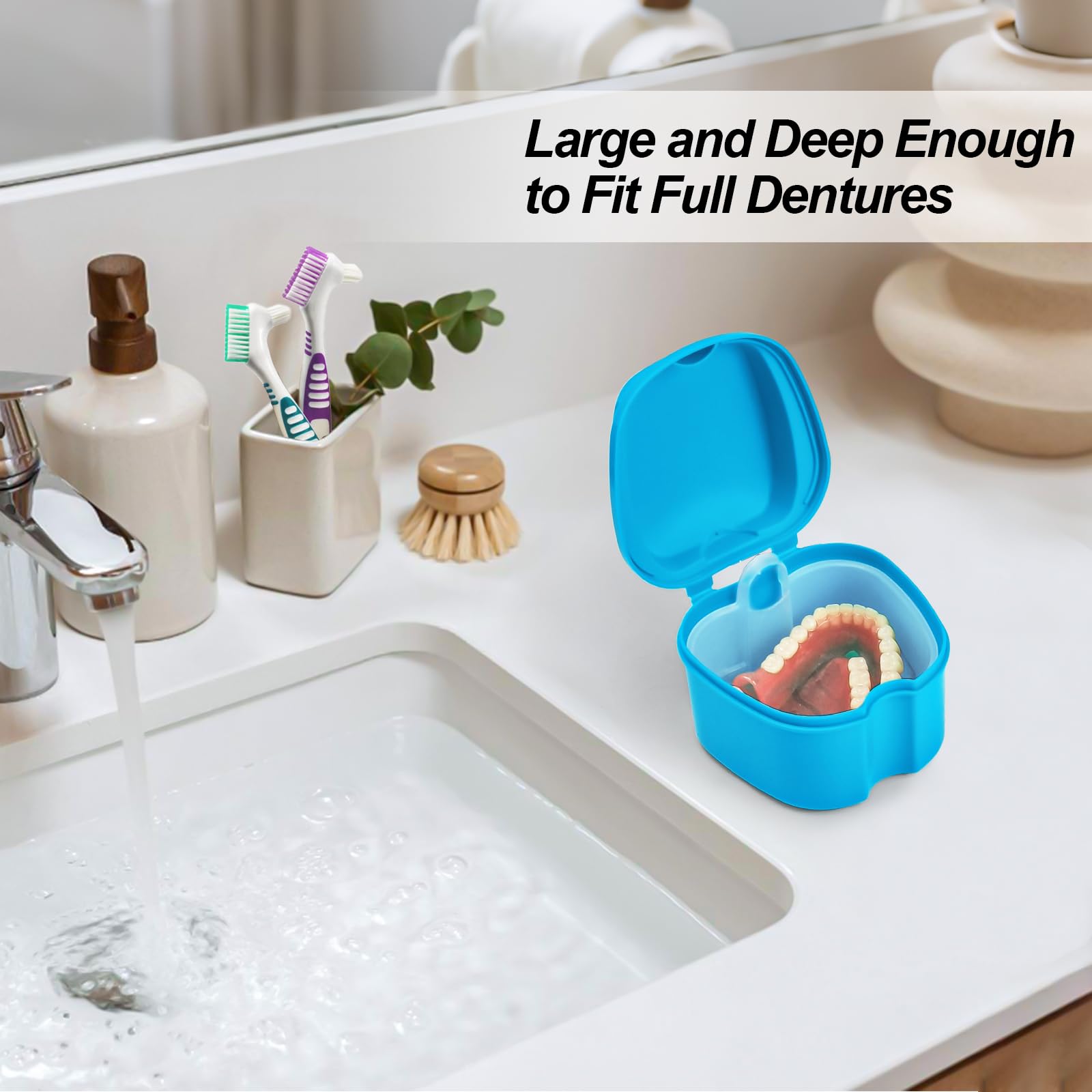 2 Pack Denture Cup with Strainer Basket - Purple and Blue | Denture Bath Holder, Retainer Cleaner Case, False Teeth Container | Perfect for Travel, Home & Daily Dental Care