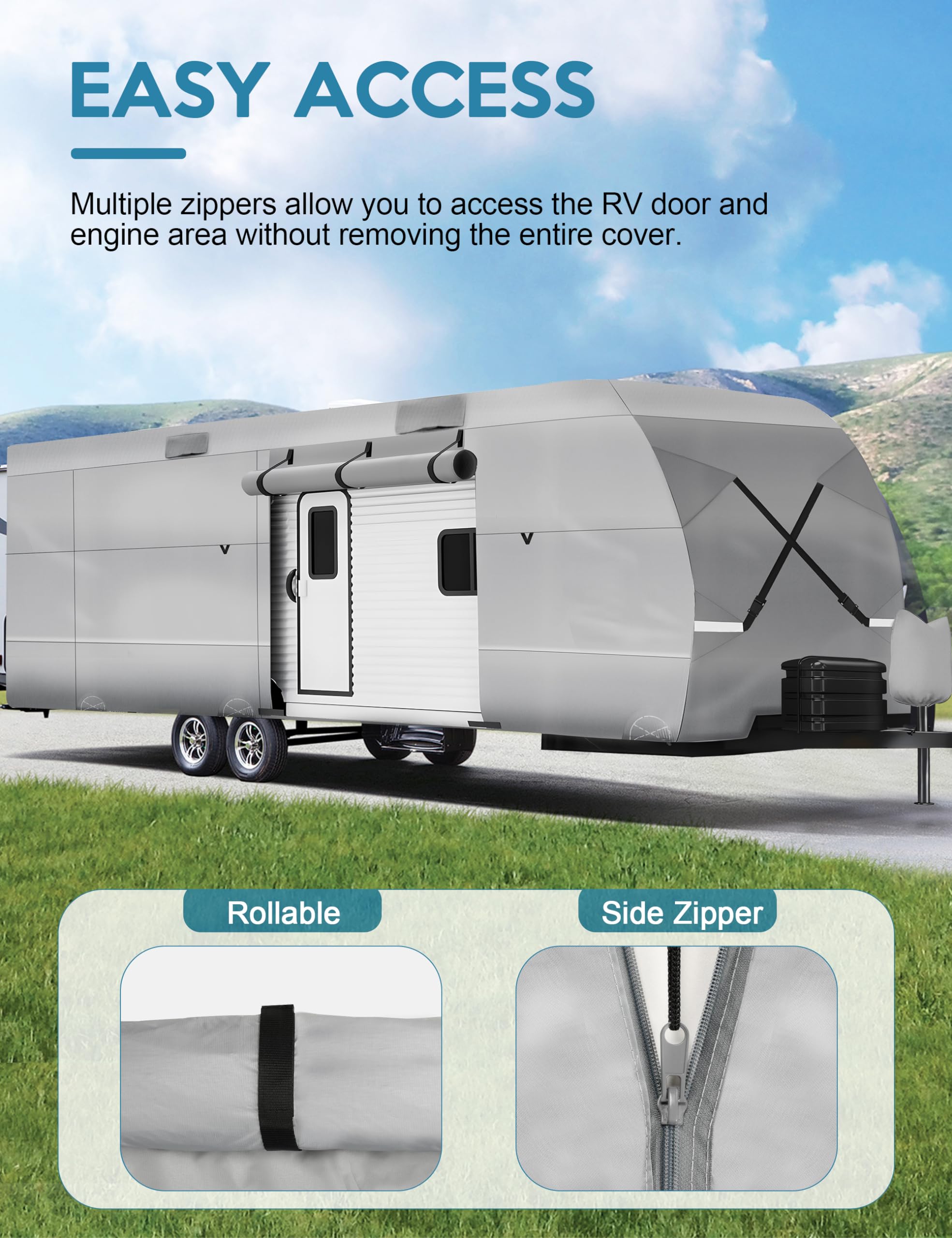 30-33ft RV Travel Trailer Cover - 300D Oxford Waterproof Camper Cover with Jack Cover, Windproof Straps & Storage Bag | All-Weather Protection for Winter Snow, Rain & UV Rays | Perfect for Outdoor RV Storage & Long-Term Parking