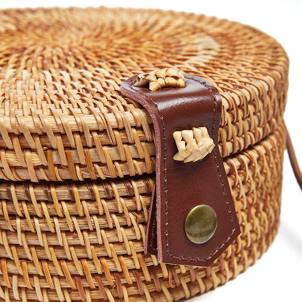 Round Rattan Handbag for Women - Handwoven Straw Crossbody Shoulder Bag with Leather Strap - Summer Beach Purse in Bamboo Style - Perfect for Vacation, Travel & Boho Fashion