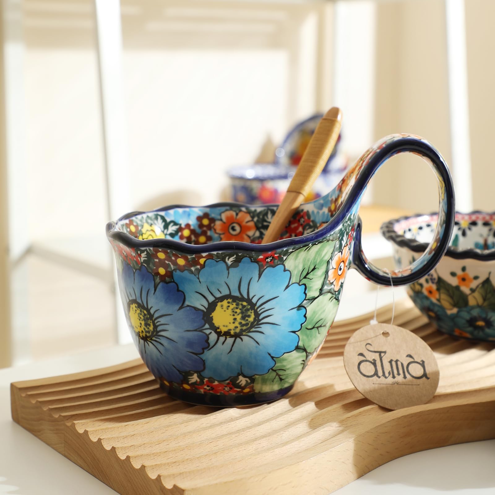 ALMA Handpainted Ceramic Soup Bowl with Loop Handle - 18.6oz Microwave & Dishwasher Safe Cereal Bowl - Perfect for Soup, Chili, Stew, Ice Cream - Ideal for Family Dinners, Restaurant Use & Gifts
