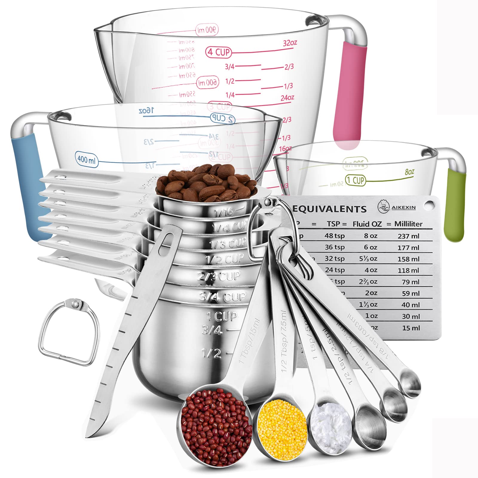 AIKEXIN 20-Piece Stainless Steel Measuring Cups and Spoons Set - Nesting Kitchen Tools for Dry & Liquid Ingredients with Plastic Measuring Cup | Perfect for Baking, Cooking & Meal Prep
