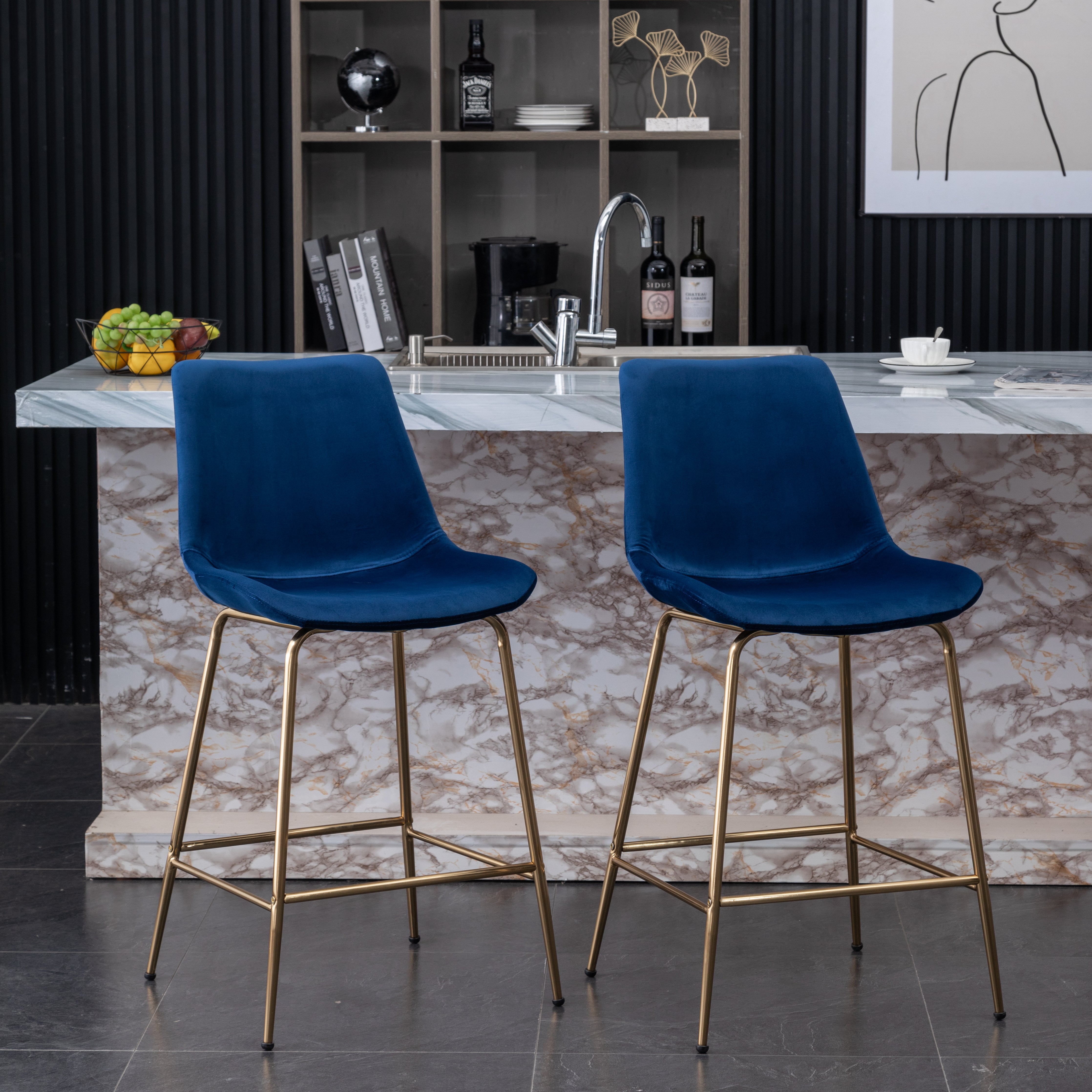 Roundhill Furniture Aufurr Modern Velvet Counter Height Bar Stools - Set of 2, Navy Blue Velvet Upholstery, 26.5