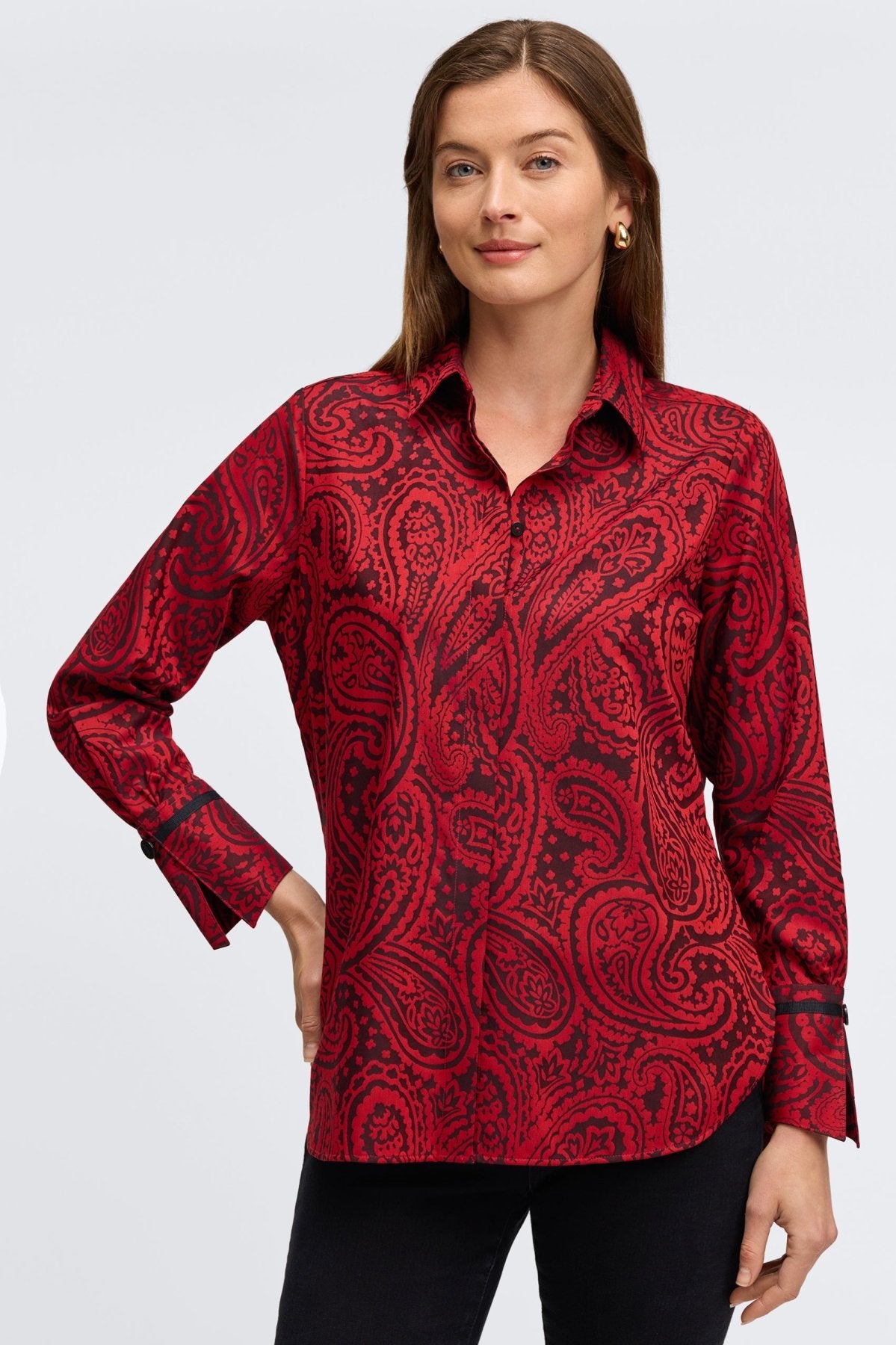 Elegant Iris Red Paisley Jacquard Long Sleeve Tunic Top for Women - Boho Chic Blouse for Casual Wear, Office Outfits & Special Occasions