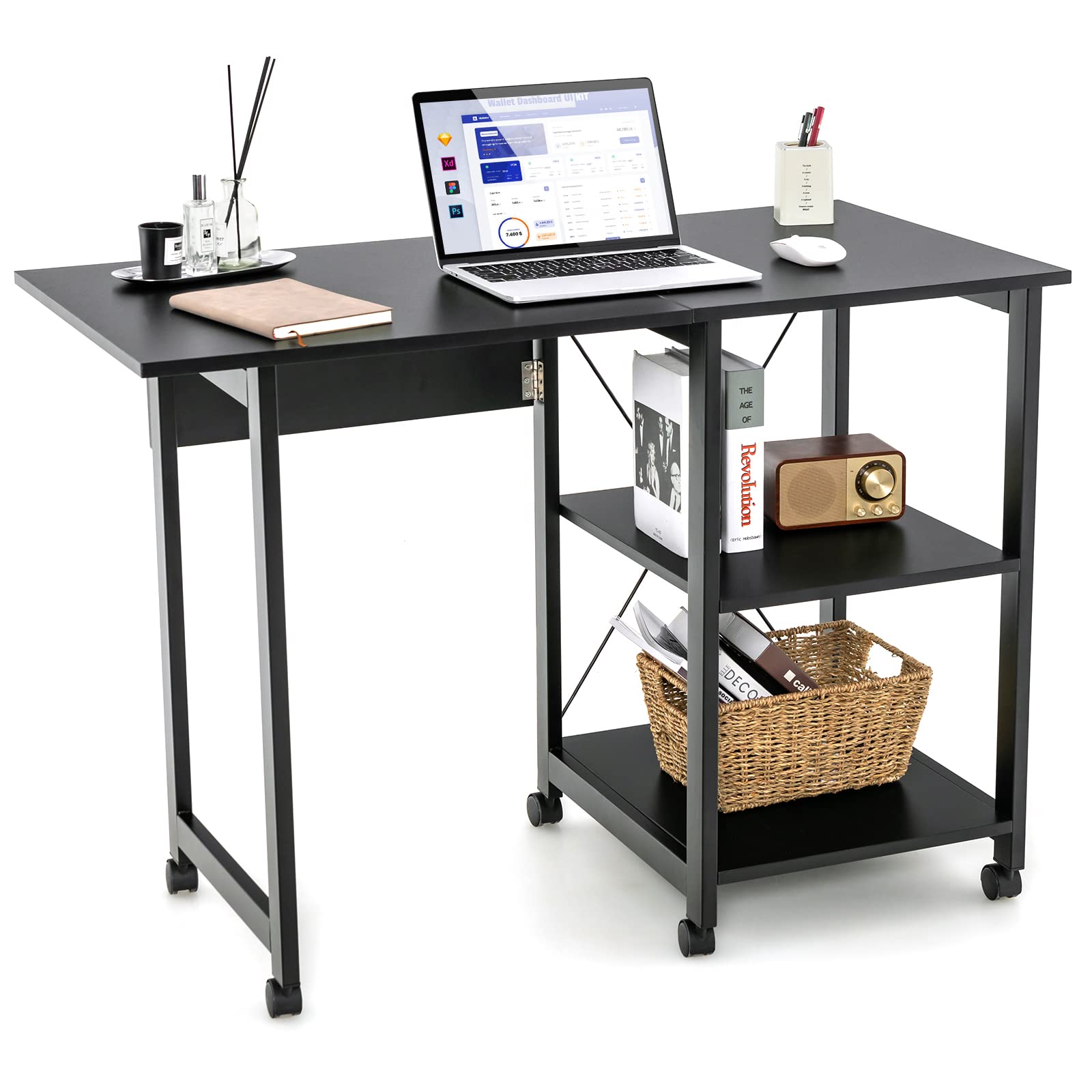 Tangkula Folding Computer Desk with 2-Tier Storage Shelves - Modern Mobile Laptop Workstation with 6 Wheels, Space Saving Home Office Desk for Small Spaces & Apartments (Black) - Perfect for Remote Work, Study & Compact Living Areas