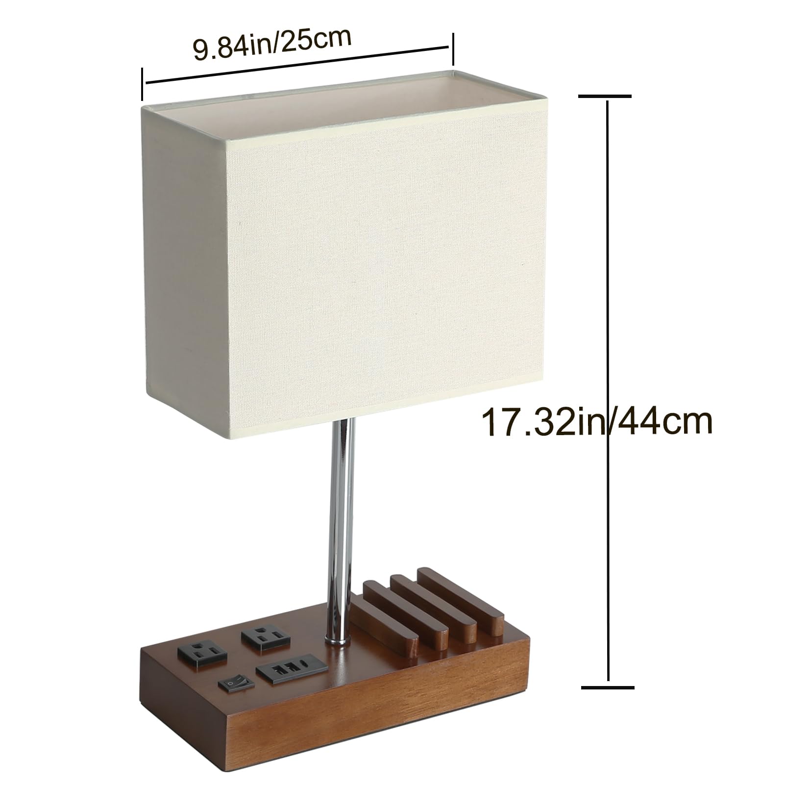 Briever USB Table Lamp with 2 AC Outlets & 3 USB Ports - Modern Multi-Functional Bedside Desk Lamp with Wooden Phone Stand - Perfect for Bedroom, Guest Room, Office & Study Lighting