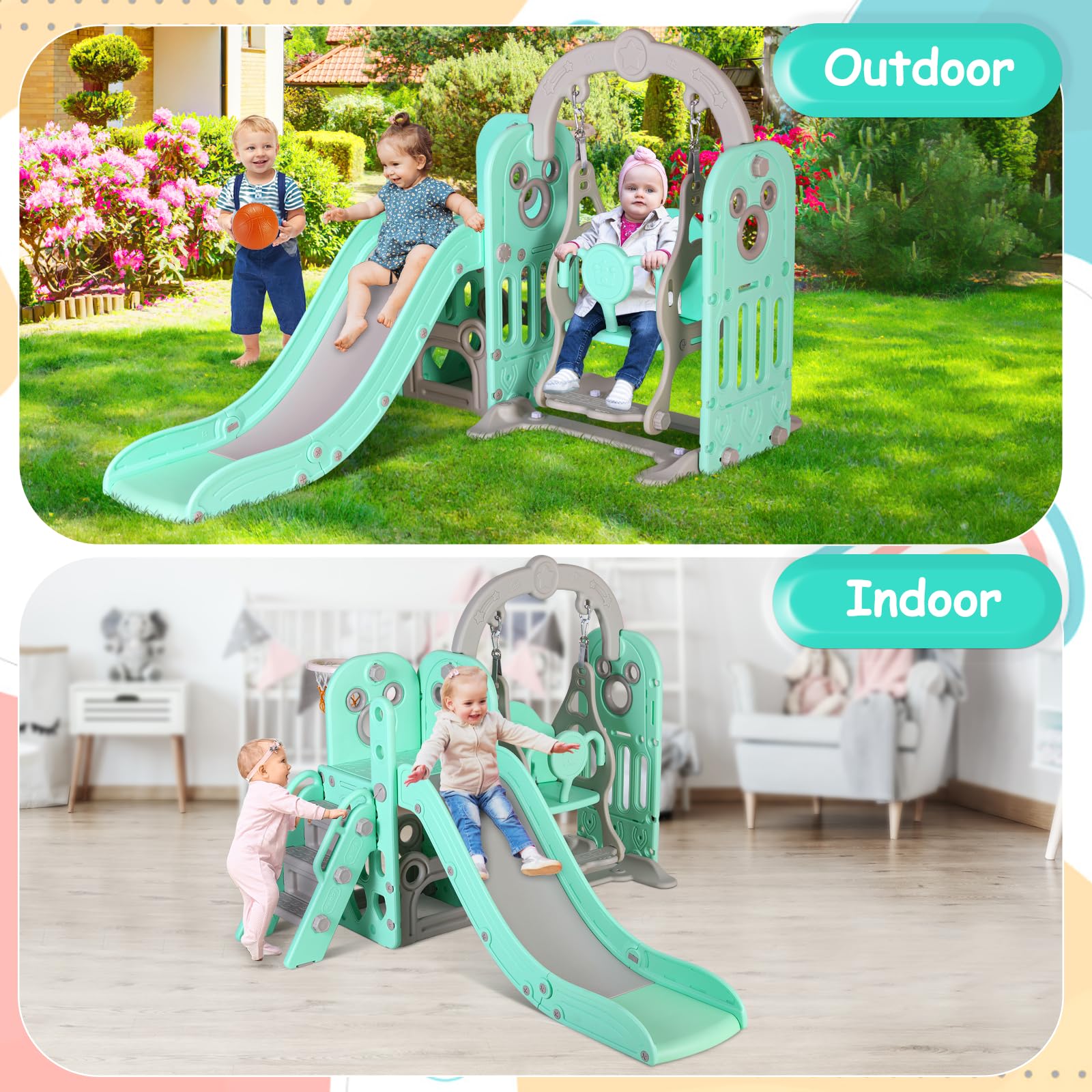 MAMIZO 6-in-1 Toddler Slide and Swing Set with Climber, Storage Bin & Basketball Hoop - Indoor/Outdoor Kids Playground Equipment for Backyard, Garden, or Playroom - Includes Reinforced Suction Cups & Ball (Green)