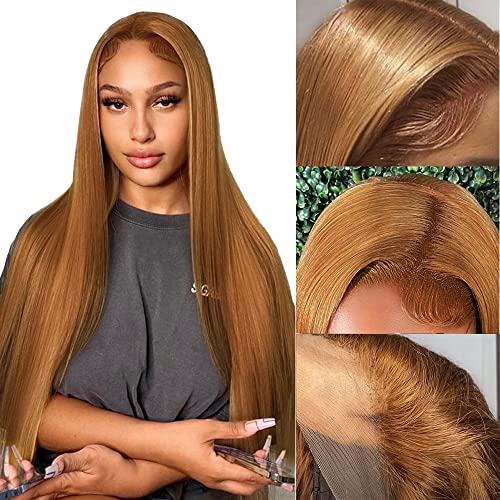 Honey Blonde Straight 13x4 HD Transparent Lace Front Human Hair Wig - 16 Inch Pre-Plucked with Baby Hair | 150% Density Glueless Lace Wig for Black Women | Natural Hairline & 5 Free Gifts | Perfect for Daily Wear, Cosplay & Special Occasions