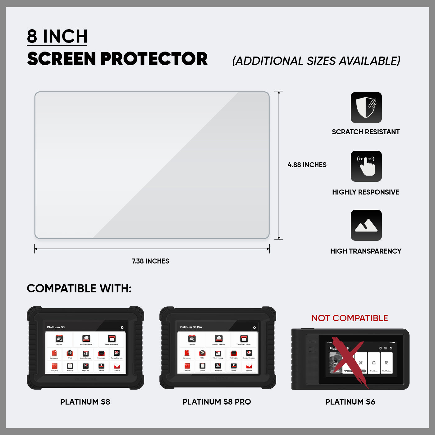 8 Inch Screen Protector for Thinkcar PLATINUM S8 & S8 PRO Vehicle Diagnostic Scanner - HD Clear, Anti-Scratch, Bubble-Free (1 Pack) - Perfect for Auto Repair Shops & DIY Car Diagnostics