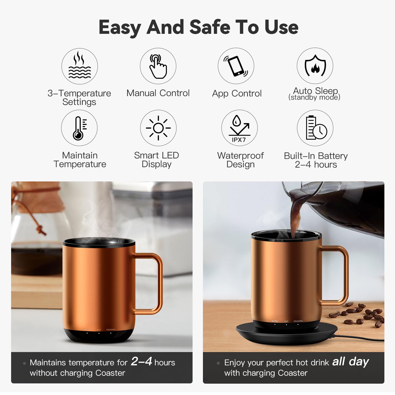 VSITOO Smart Self-Heating Coffee Mug with Temperature Control - 3 Heat Settings, App & Manual Control, 180 Min Battery Life, Fast Wireless Charging (140℉, Copper, 14oz) - Perfect for Office, Travel & Home Use