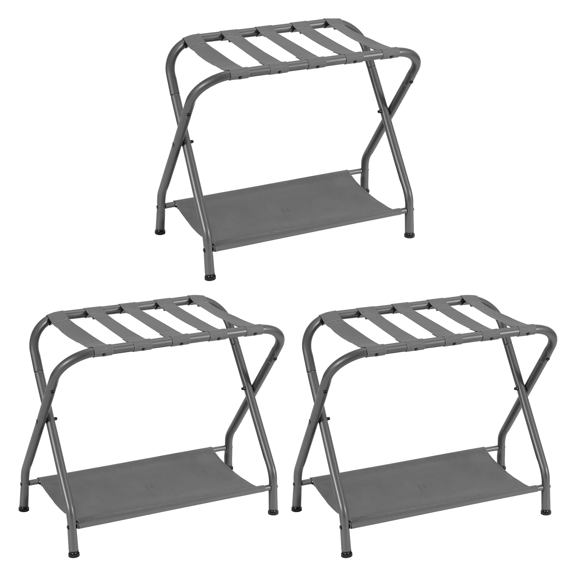 Heybly 3-Pack Steel Folding Luggage Rack with Storage Shelf - Space-Saving Suitcase Stand for Bedroom, Guest Room & Hotel (Gray, HLR002G3) | Perfect for Travel Storage & Closet Organization