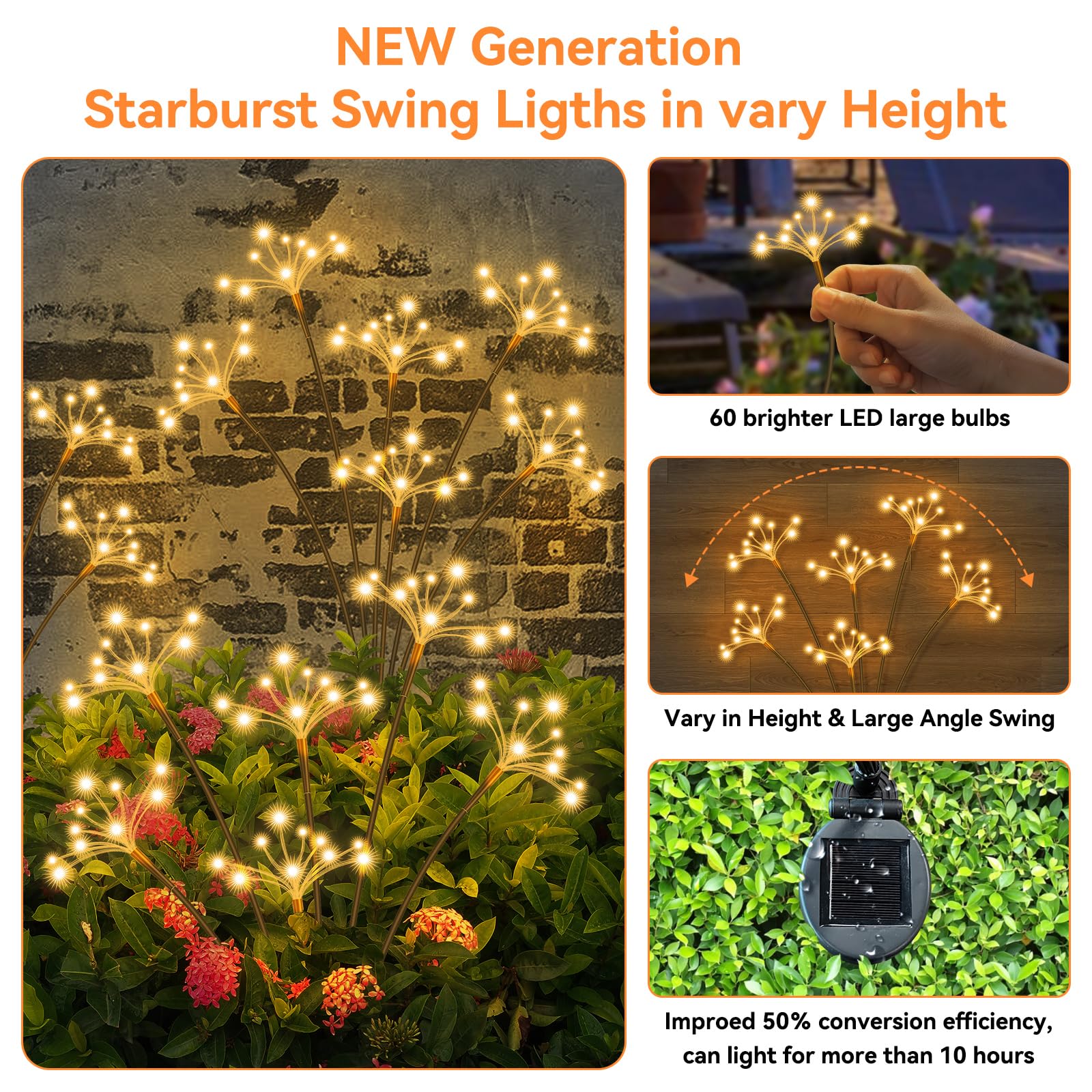 2 Pack Waterproof Solar Swaying Starburst Lights - Outdoor Solar Garden Lights for Yard, Patio, Pathway - Warm White LED Firework Decor for Landscape & Nighttime Ambience