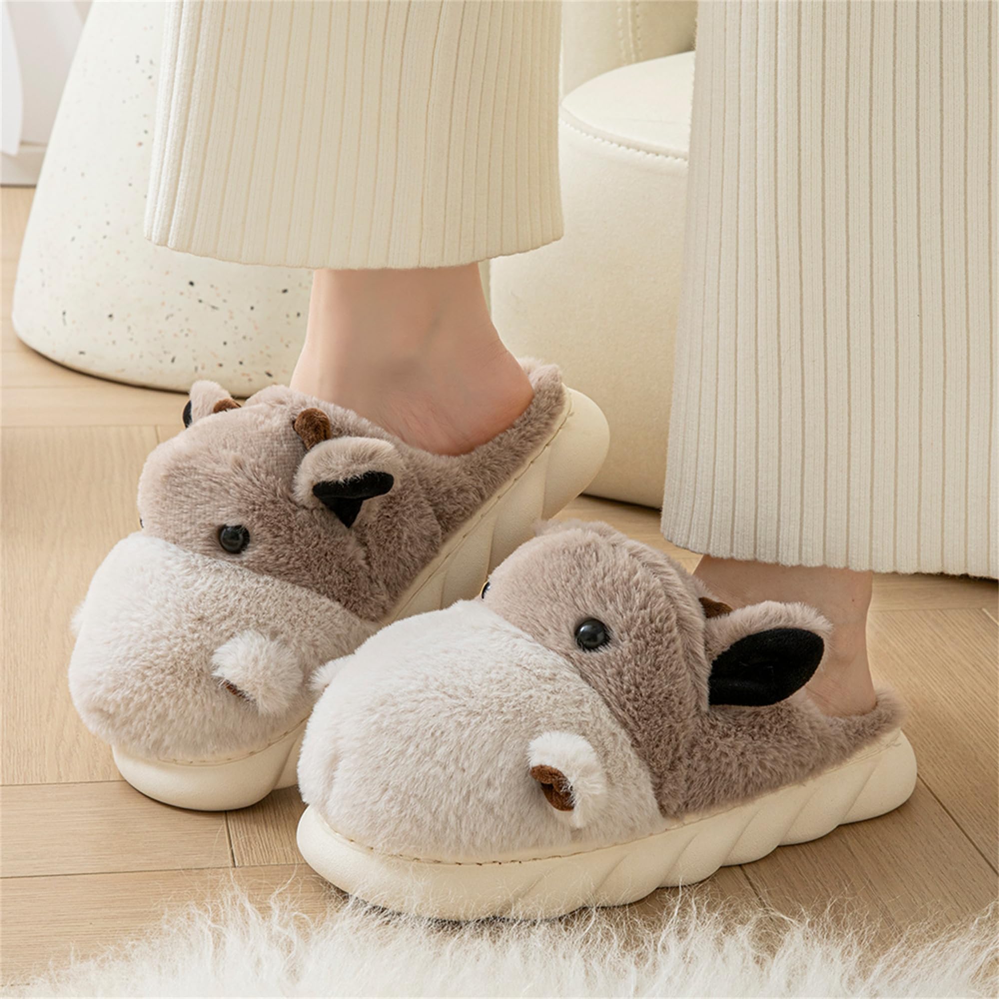 LANFIRE Women's Cute Hippo Slippers - Animal Themed Fuzzy House Shoes, Soft Plush Winter Warm Slippers with Non-Slip Sole for Indoor Comfort - Perfect for Home, Lounge & Gift Giving