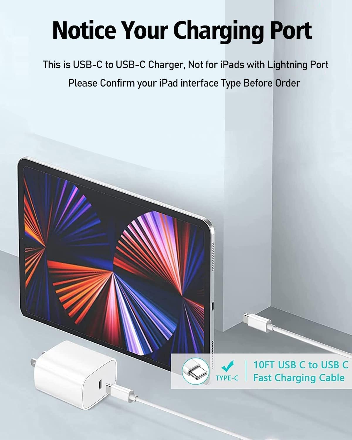 3-Pack 20W USB C Fast Charger with 10FT Long Cable for iPad Pro 12.9/11, iPad 10th Gen, iPad Air 5th/4th Gen, iPad Mini 6, iPhone 15 Series - Perfect for Home, Office & Travel Charging