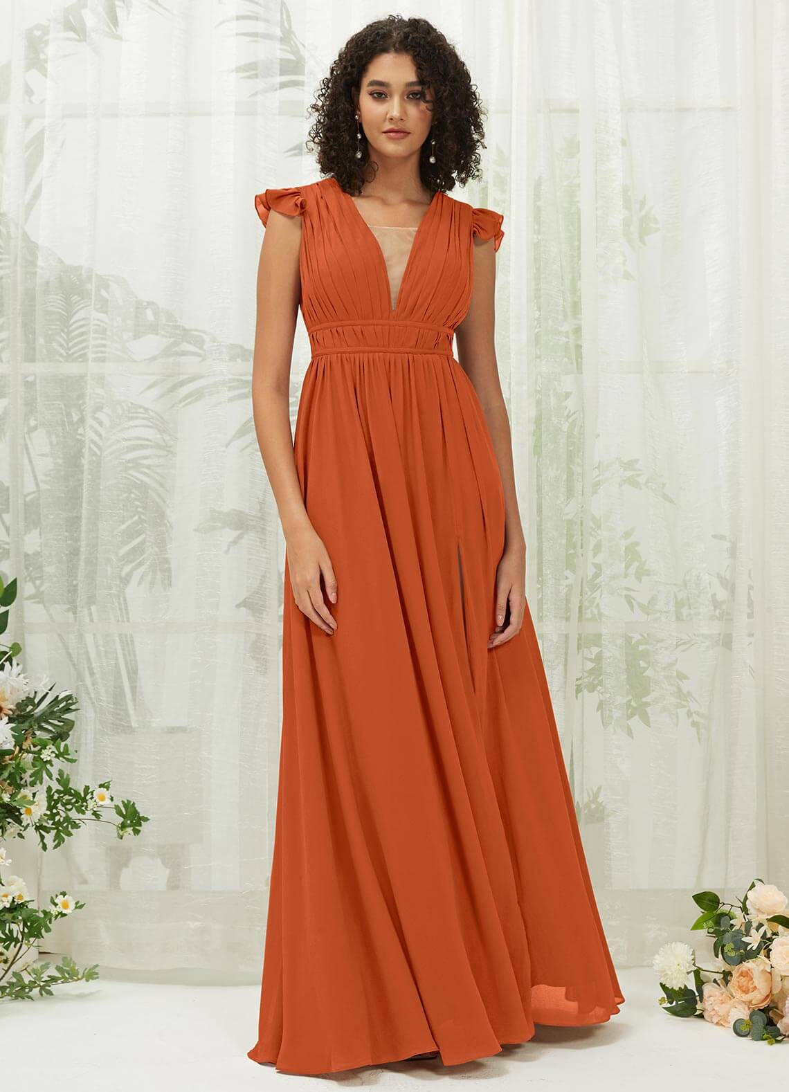 Elegant Burnt Orange Cap Sleeve Pleated V-Neck Chiffon Maxi Bridesmaid Dress | Formal Wedding Party Gown for Special Occasions