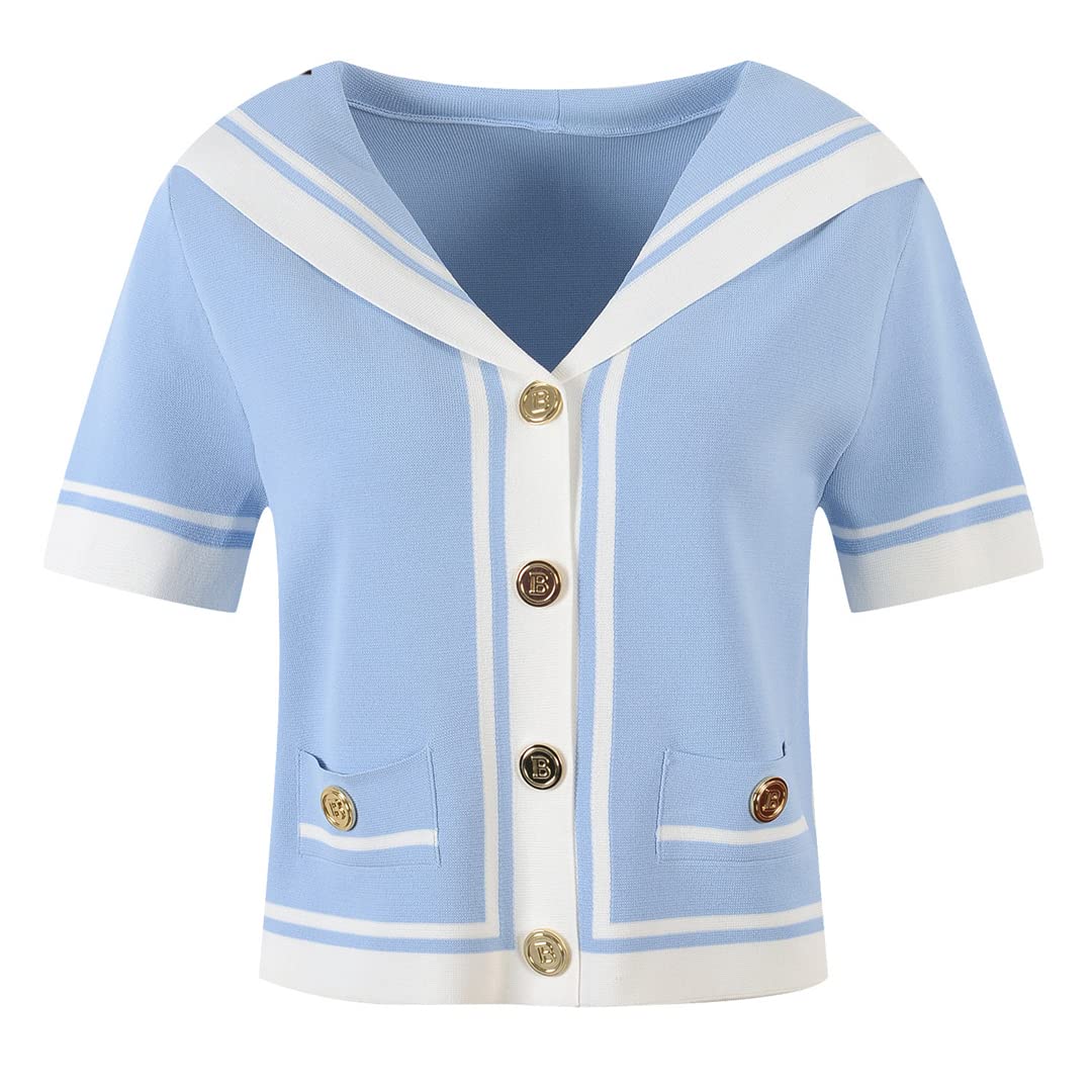Korean Striped Knitted Cardigan for Women - Summer Short Sleeve Blue Top | Casual Outfit & Beach Cover-Up