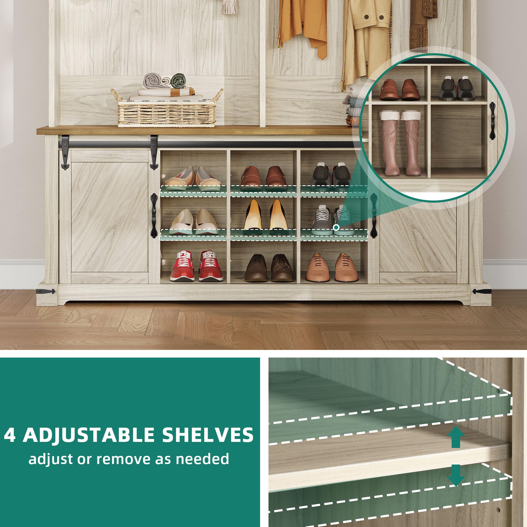 YITAHOME Farmhouse Entryway Bench with Coat Rack, Shoe Storage & 10 Hooks - Rustic Hall Tree Organizer with Sliding Barn Doors & 13 Shoe Compartments - Perfect for Mudroom, Foyer & Small Space Entryway Organization