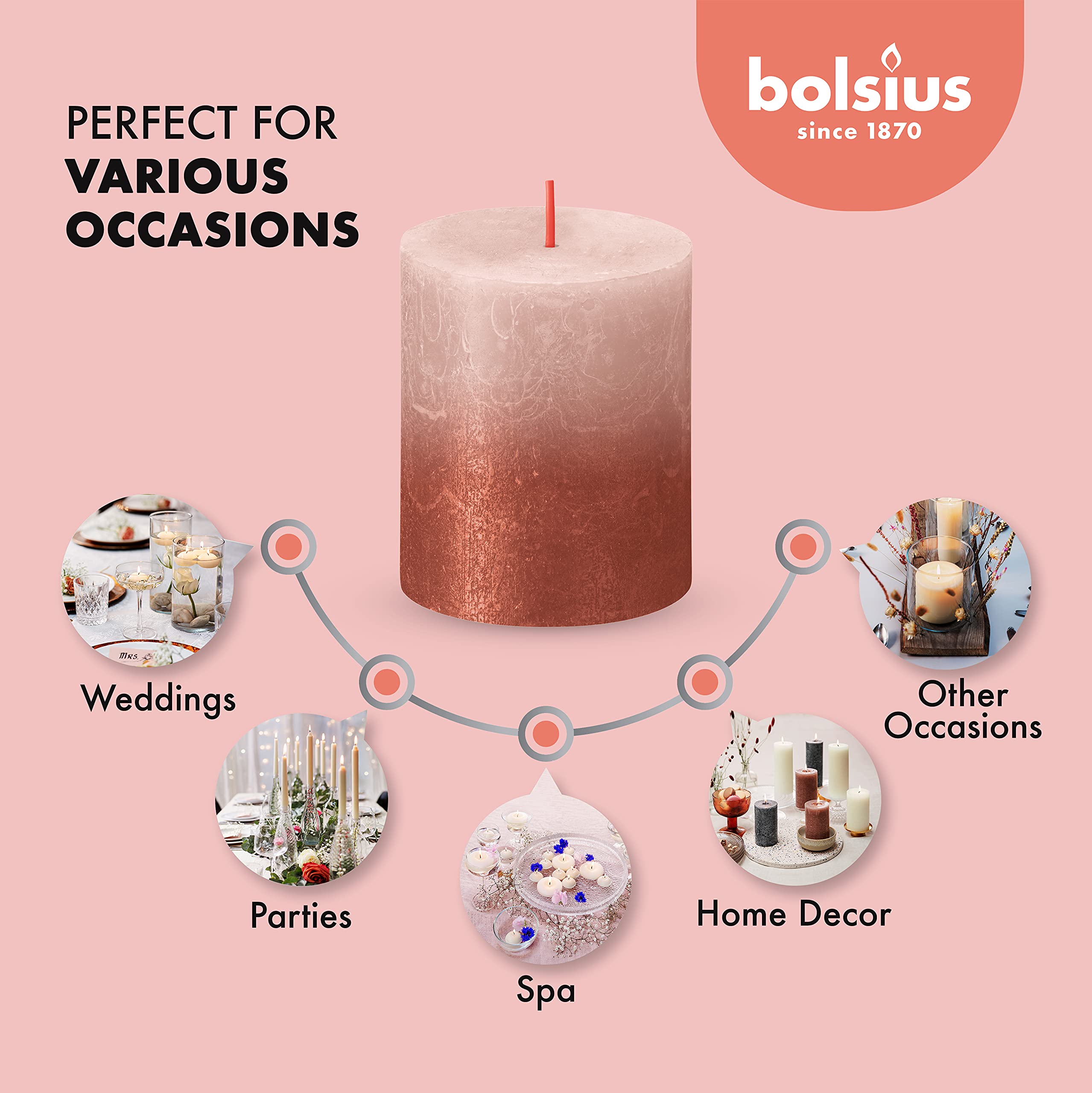 BOLSIUS 4 Pack Misty Pink & Amber Sunset Rustic Metallic Pillar Candles - 2.75