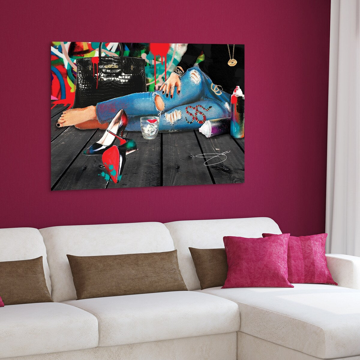 Frameless Free Floating Tempered Glass Wall Art - 32x48 Inches Modern Home Decor for Living Room, Bedroom & Office - Fashion Graphic Panel for Women