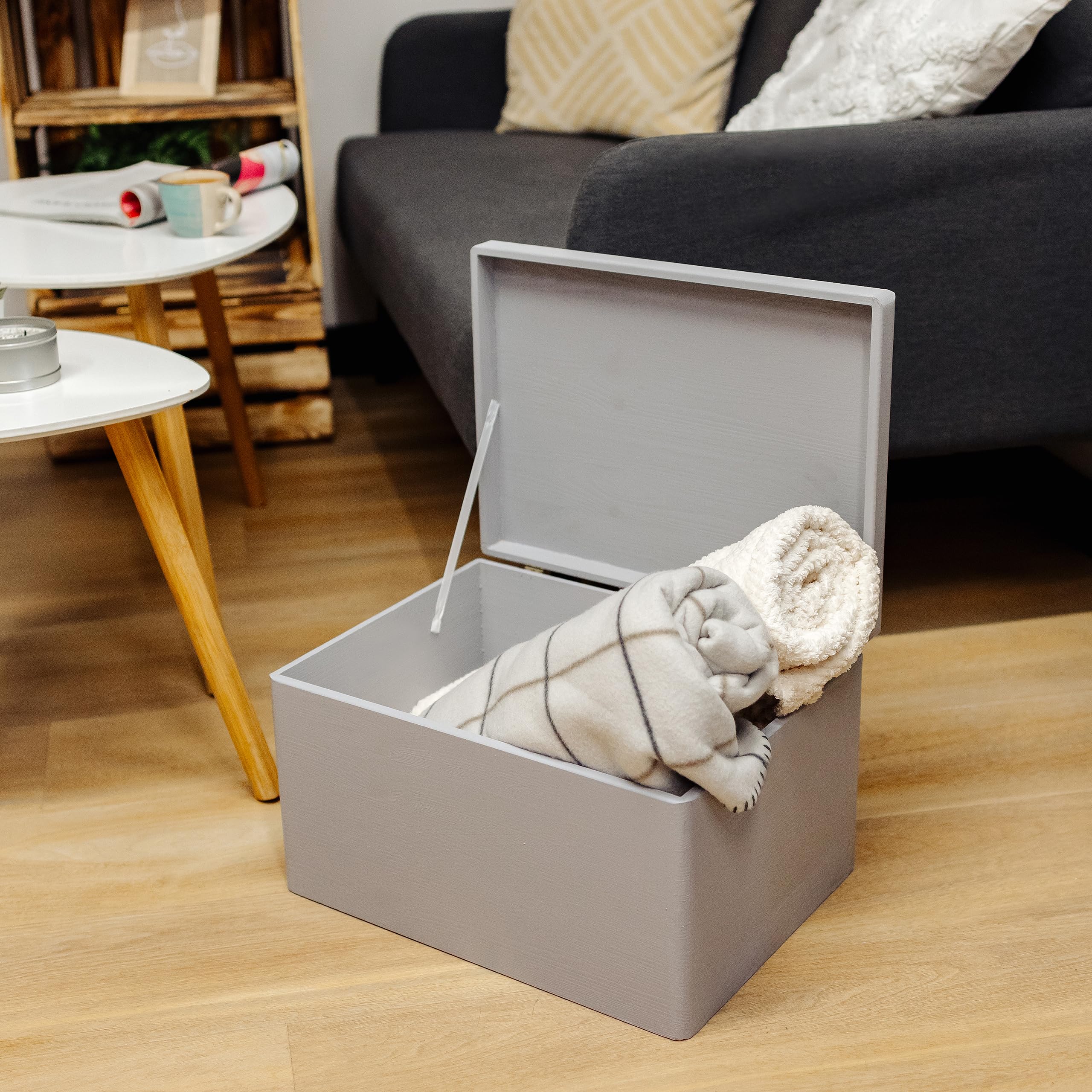 Large Grey Wooden Storage Box with Hinged Lid - 15.8 x 11.8 x 9.44 Inches | Multi-Purpose Keepsake Chest for Tools, Dog Toys, Shoes, Clothes & Kitchen Storage | Perfect for Home Organization, Gift Wrapping & Document Storage