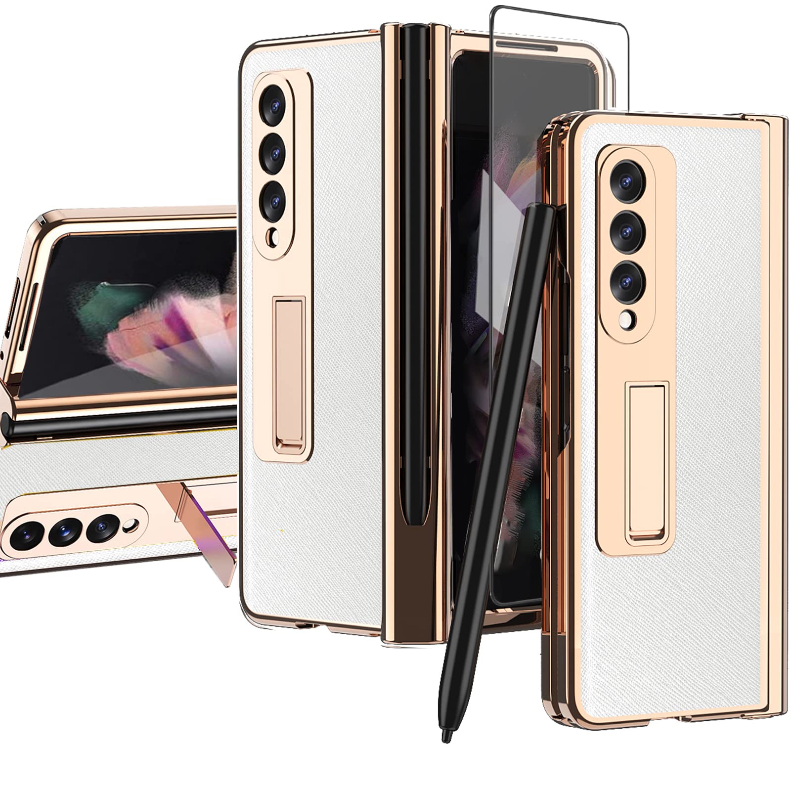 Premium NINKI Kickstand Case for Samsung Galaxy Z Fold 3 5G - Leather Cover with S Pen Slot, Hinge Protection & Built-in Screen Protector (White) | Perfect for Business, Travel & Everyday Use