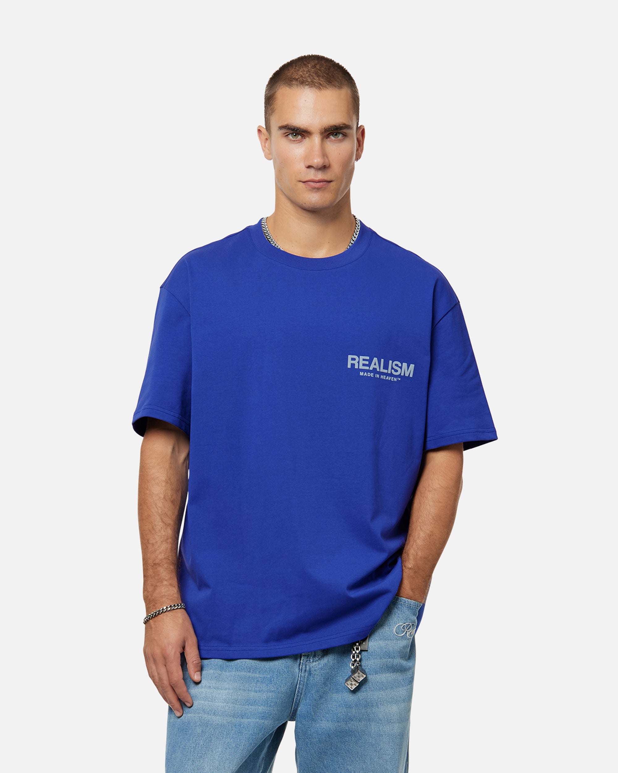 SSS Realism Heaven Logo Tee - Ultramarine Blue Cotton T-Shirt for Men | Streetwear Fashion, Casual Wear & Everyday Outfits