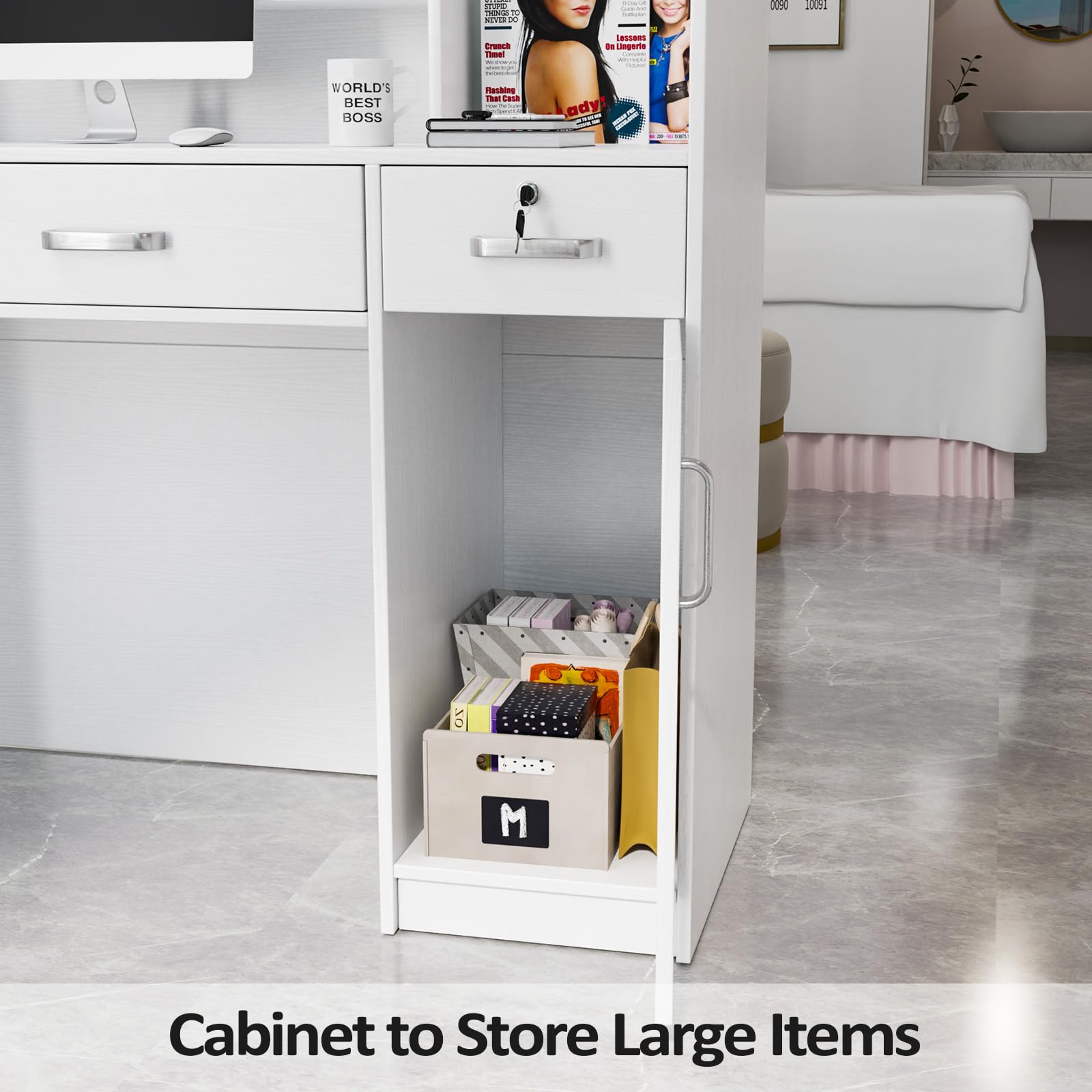 LEADZM H-Shaped Reception Desk with Counter - Lockable Drawers & Adjustable Shelf - White Office Front Desk for Beauty Salon, Retail Store & Business Checkout Counter - Perfect for Customer Service Areas, Waiting Rooms & Professional Workspaces