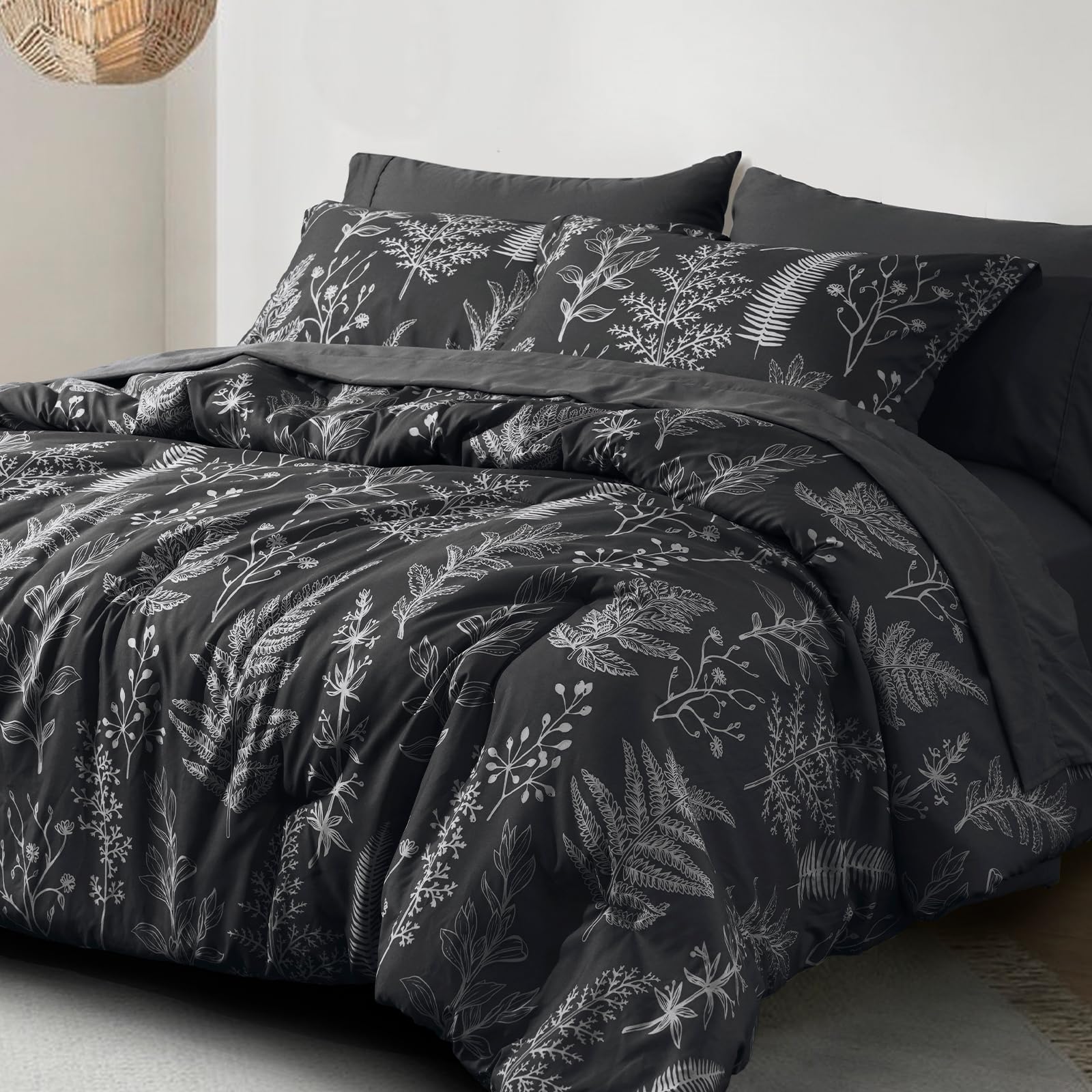PHF 7-Piece Queen Comforter Set - Ultra Soft Reversible Botanical Bedding | Includes Comforter, Pillow Shams, Flat Sheet, Fitted Sheet & Pillowcases (Black) | Perfect for Master Bedroom, Guest Room & Cozy Home Decor