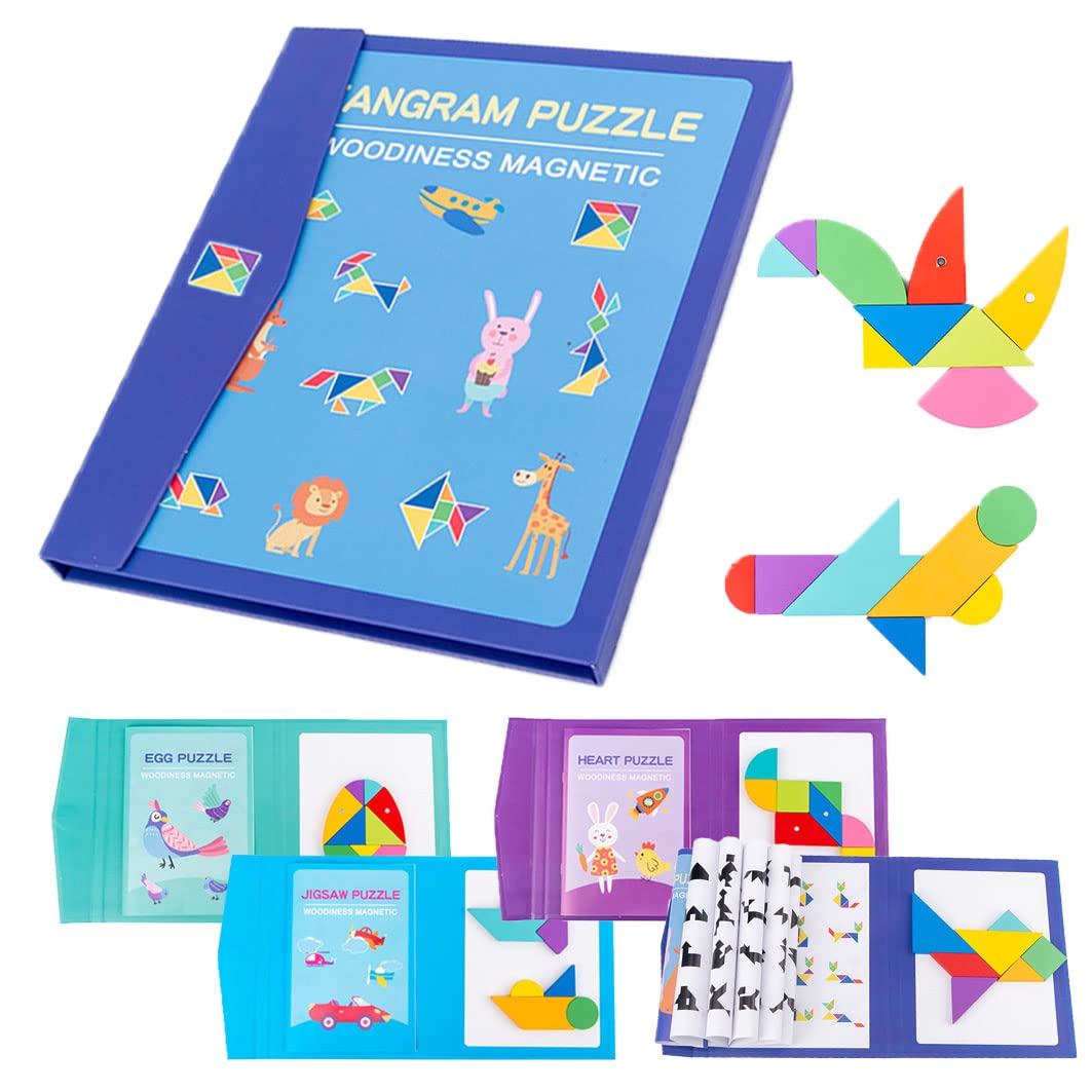 Umtiti Wooden Magnetic Tangram Puzzle Set for Kids & Adults - 4pcs Travel-Friendly Brain Teaser Game with Pattern Book - Perfect for Car, Plane, and Restaurant Entertainment