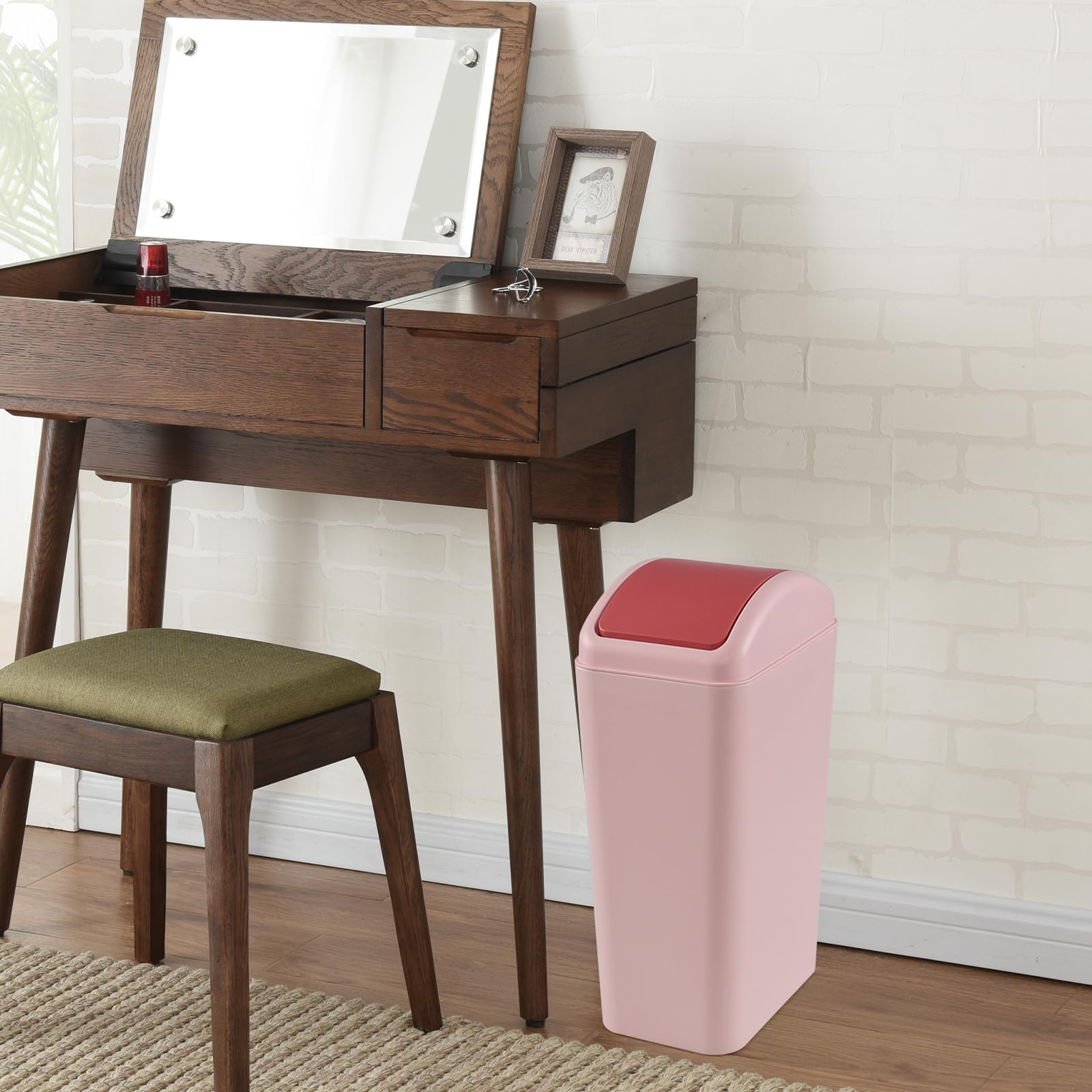 3 Gallon Swing-Top Trash Can with Lid - Durable Plastic Waste Bin in Pink - Perfect for Bathroom, Kitchen, Office & Dorm Room Organization