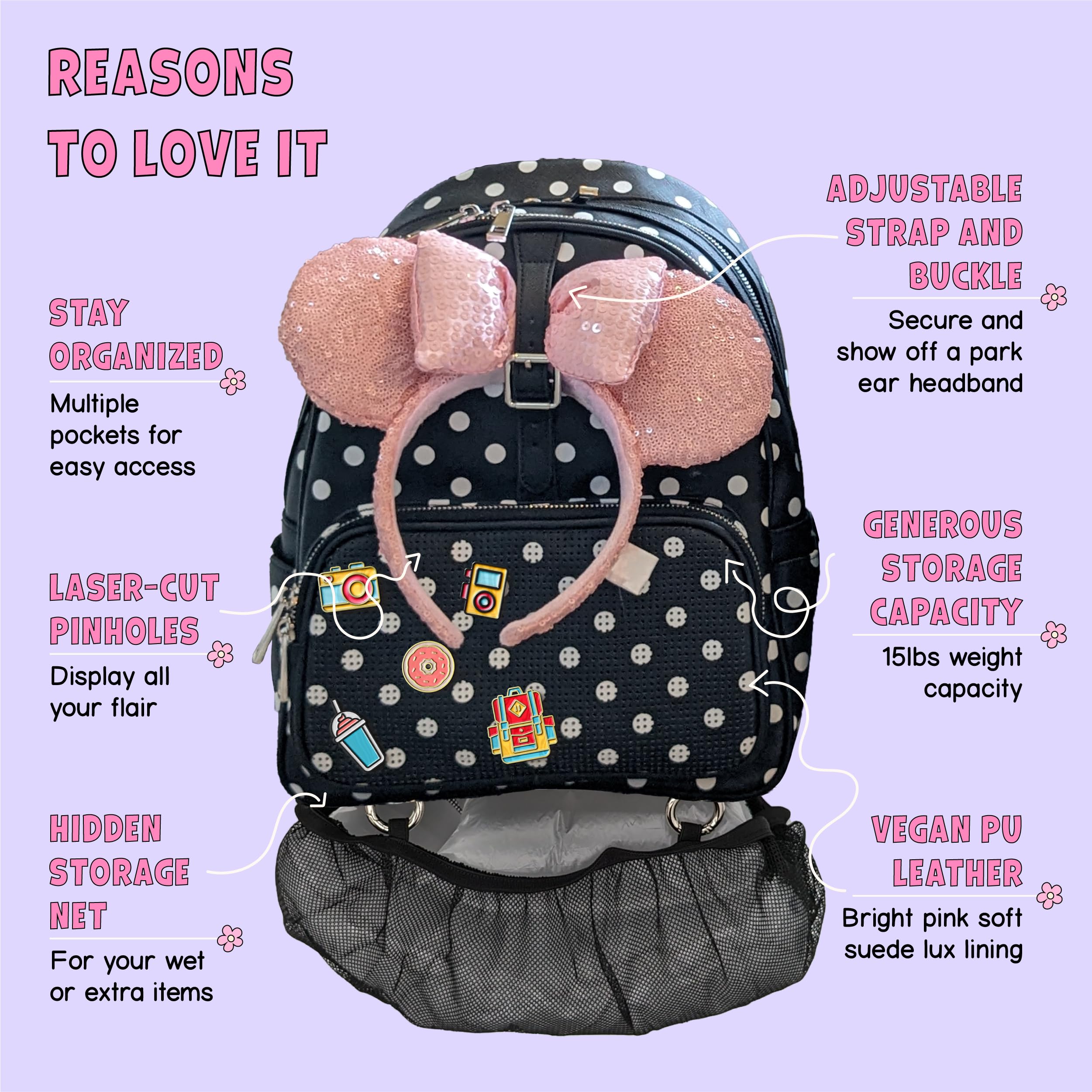 Designer Park Company - Stylish Leather Rope Drop Backpack for Women | Adjustable Straps, Hydration Kit & Locking Pins | Perfect for Theme Parks, Travel & Everyday Use - Minnie Dot Pattern
