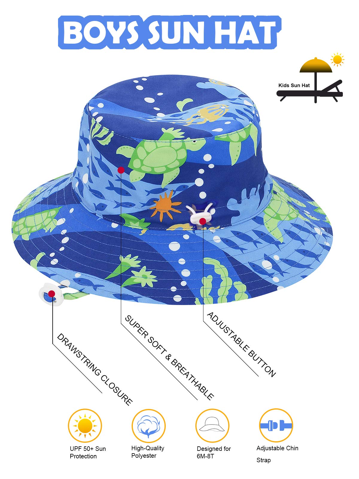 UPF 50+ Baby Sun Hat for Toddlers - Wide Brim Bucket Hat for Boys & Girls - Summer Beach Hat for Outdoor Play, Swimming, Park & Vacation Sun Protection