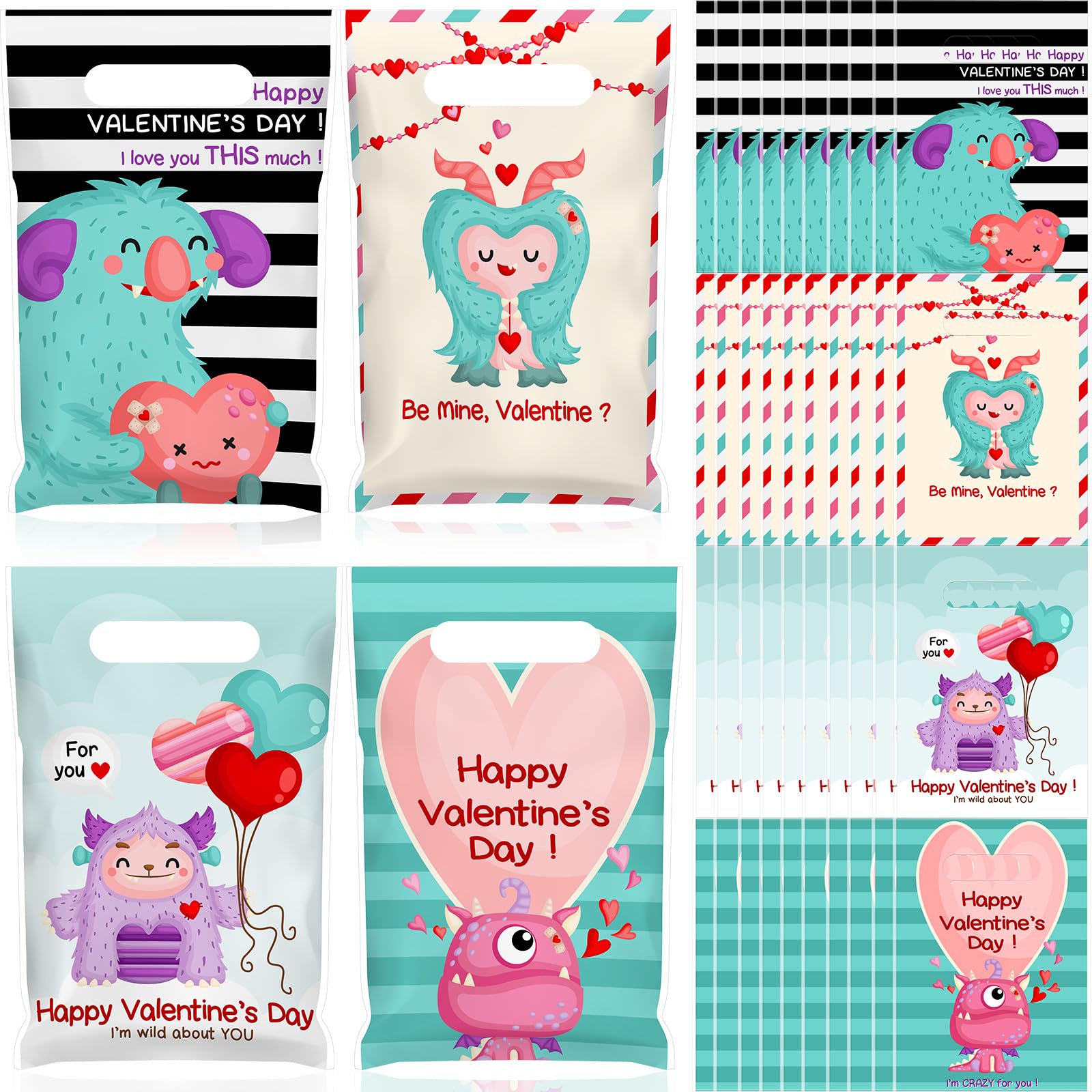 Frienda 100-Piece Plastic Valentine's Day Gift Bags Bulk - Monster Treat Bags with Handles for Candy, Party Favors & Holiday Decorations | Perfect for Valentine's Parties, Classroom Treats & Romantic Gift Giving