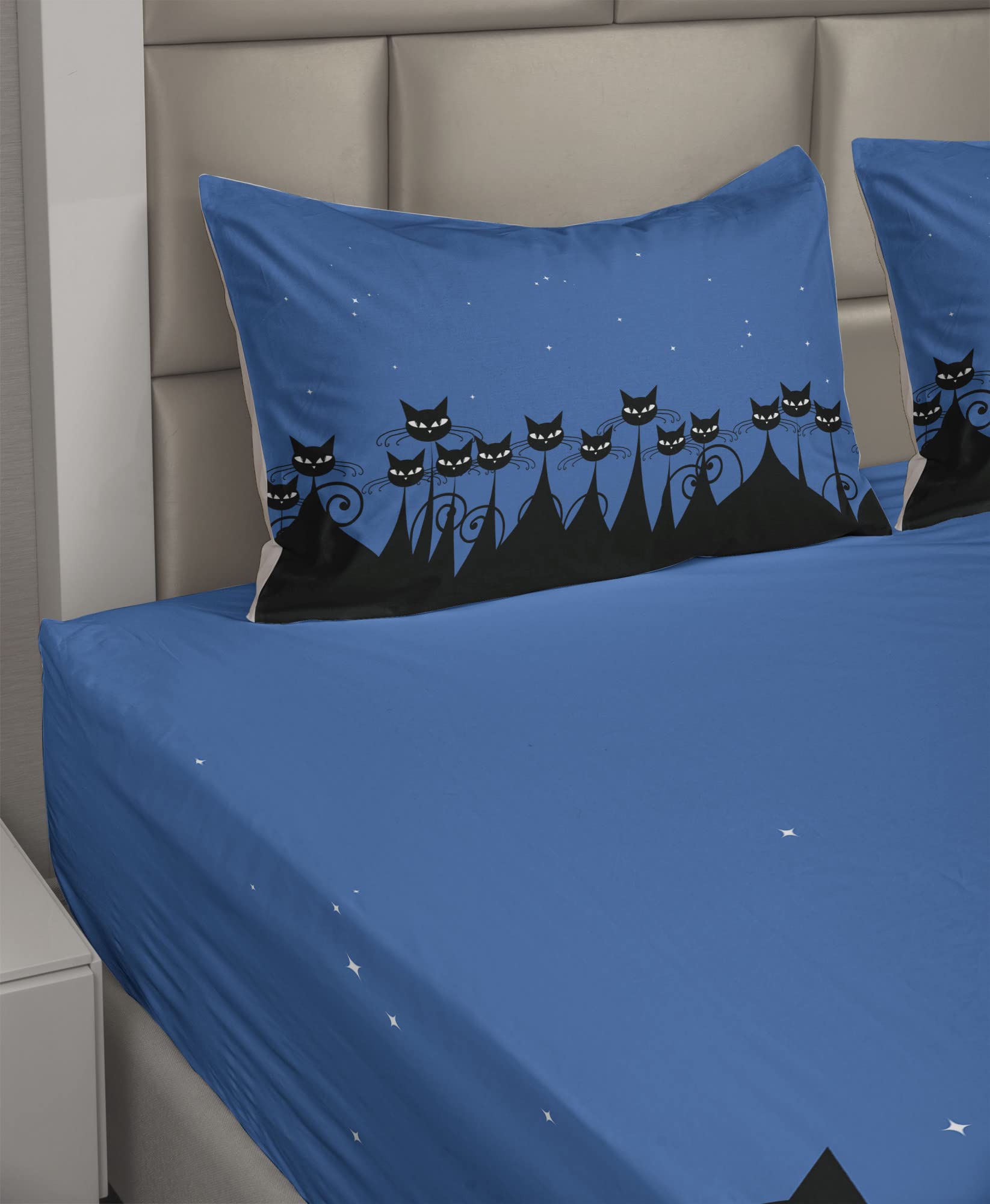 Ambesonne 4-Piece King Size Night Sheet Set - Black Cats & Starry Sky Design, Blue Black White Bedding with Fitted Sheet, Flat Sheet & Pillowcases | Perfect for Halloween Decor, Cat Lovers & Themed Bedrooms